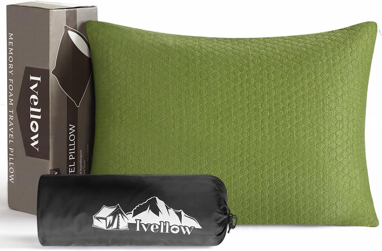 Ivellow Memory Foam Travel Pillow Compressible Camping Pillow for Sleeping Shredded Memory Foam Pillow Compact Firm Supportive Travel Pillow for Adults Kids Outdoor Backpacking Hiking Essential Gear