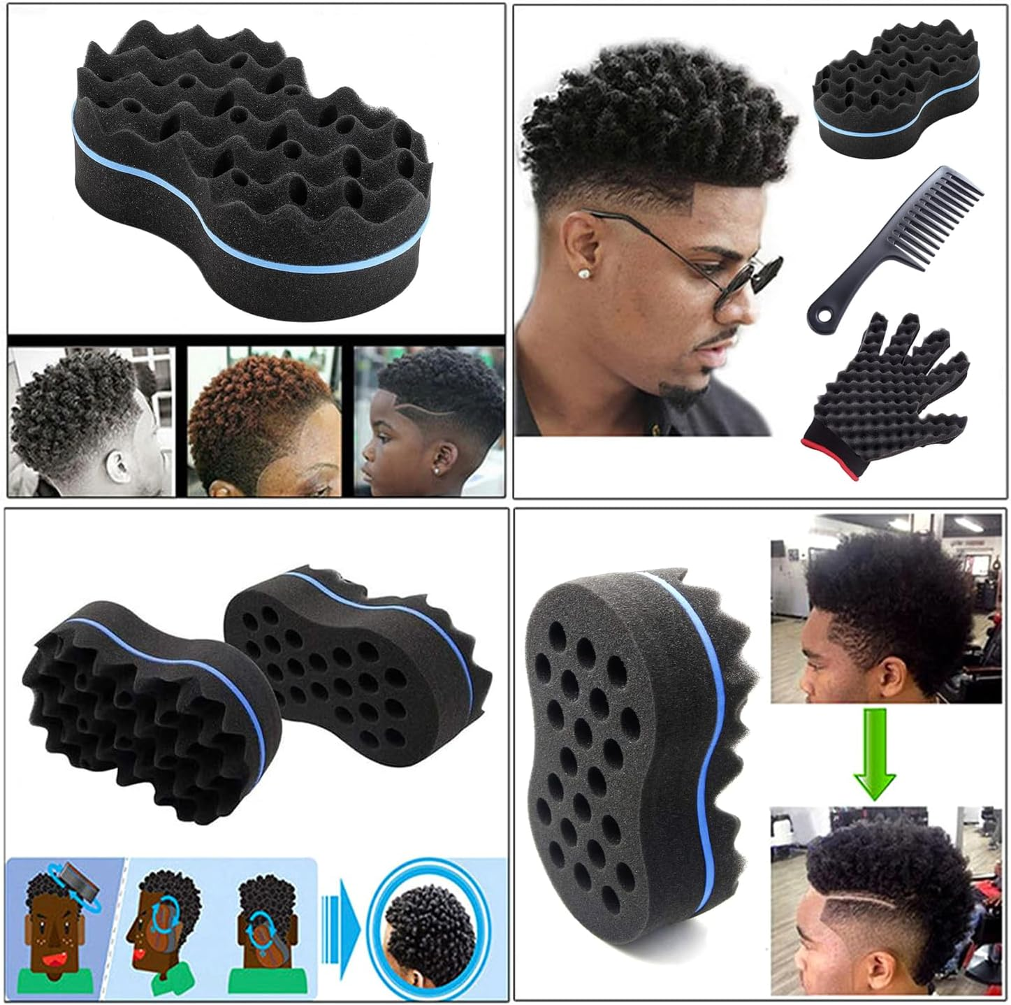 ARJDXDP 3 Pcs Hair Sponge Brush, Big Holes Afro Curl Sponge, 4 in 1 Afro Twist Comb Set for Twists and Dreads Hair Twist Sponge Curling Sponge for Afro Hair image number 4