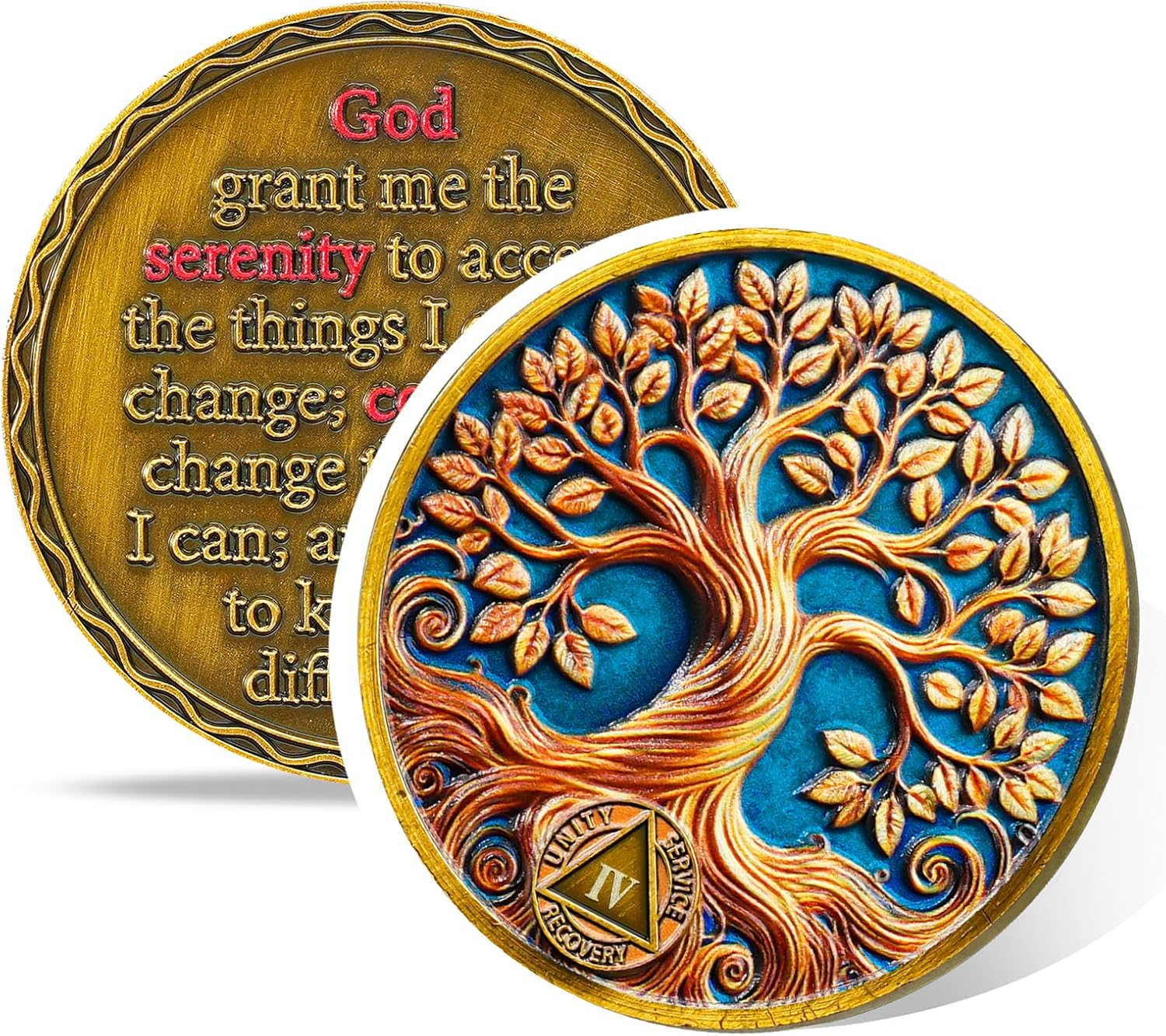 Gold Leaf Tree 4 Year Sobriety Coin， Affirmation NA Coin, Addiction Recovery Four Year Sober Chip, Celebrating Recovery Anniversary Token, Narcotics Anonymous Sobriety Gifts for Men Women image number 5