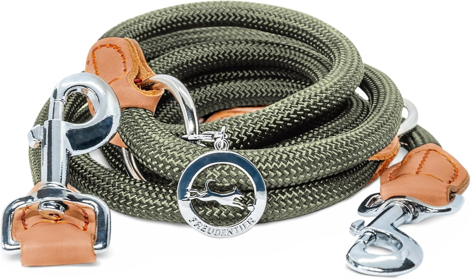 FREUDENTIER Dog Lead 2 M, 3-Way Adjustable, Robust Nylon Rounded with Stylish Brown Leather Elements, for Medium and Large Dogs (Forest Green)