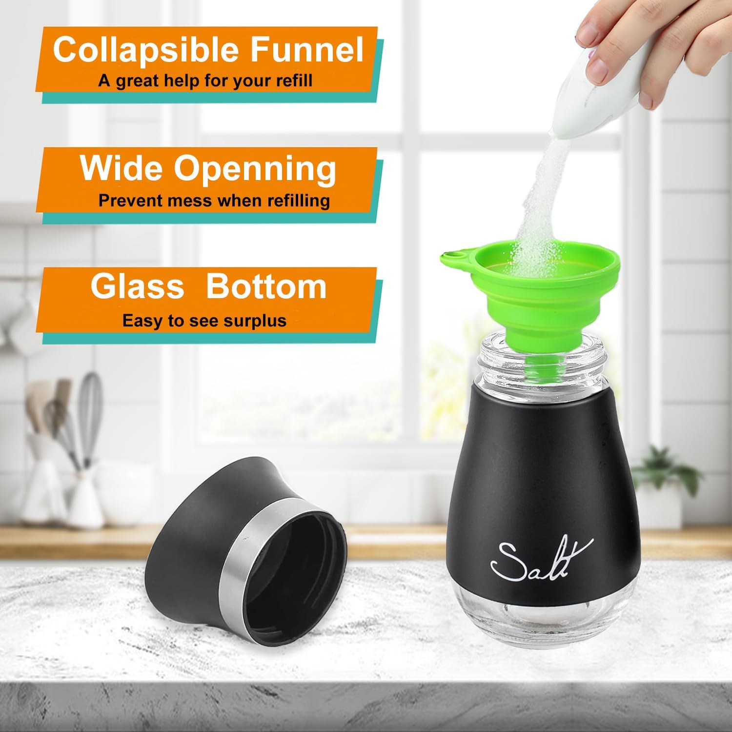 UDQYQ Salt and Pepper Shakers Set with Holder,Cruet Sets Stainless Steel Salt and Pepper with Glass Bottom,Refillable Salt Shaker Kitchen Gadgets for Counter Modern Decor Table (Black + White) - Black + White image number 4