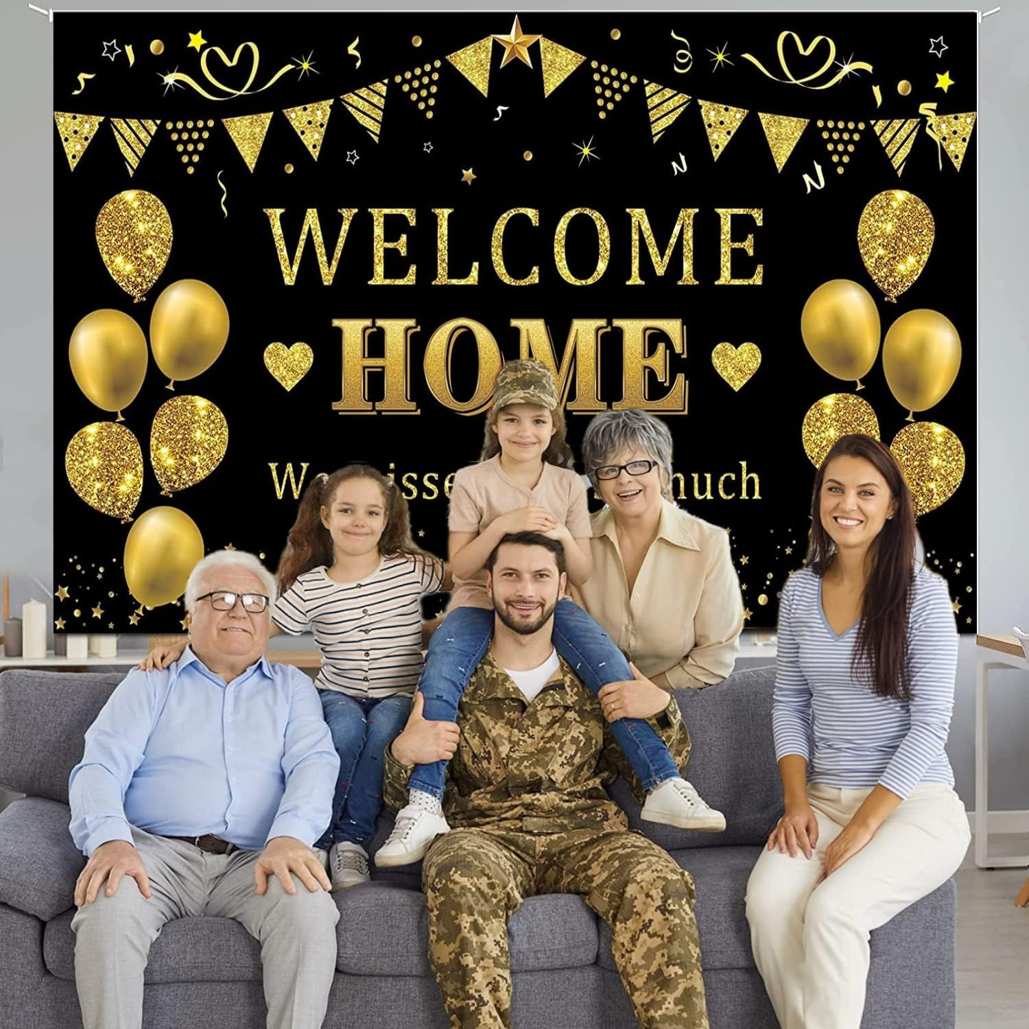 Yuanbigtai Welcome Home Banner Decorations, Black Gold Welcome Home Backdrop, We Missed You so Much Party Decor, Family Reunion Patriotic Military Homecoming Returning Party Supplies 70.8 X 43.3 Inch image number 6
