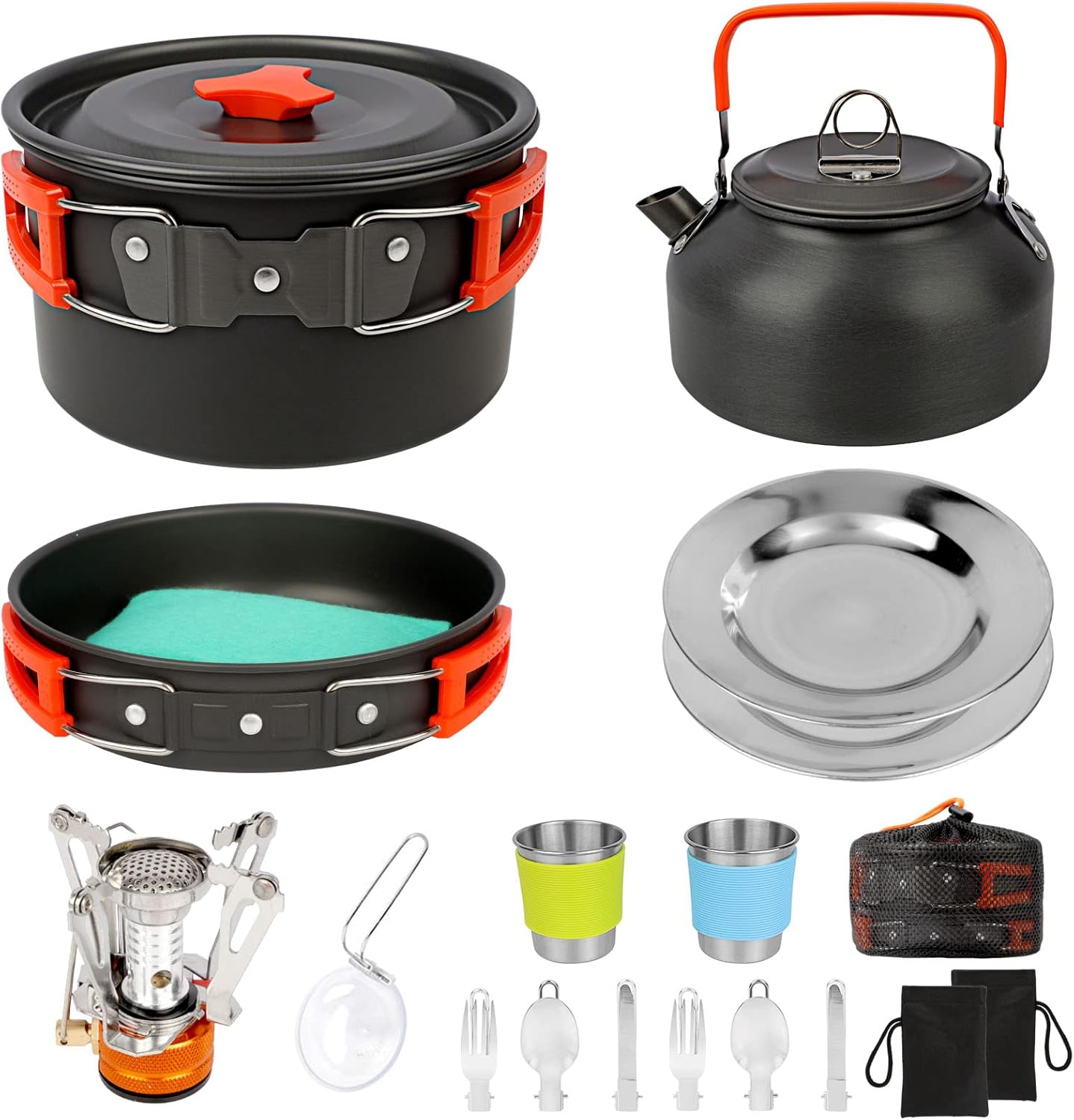 16Pcs Camping Cookware Mess Kit, Aluminum & Stainless Steel, Orange, One Size image number 6