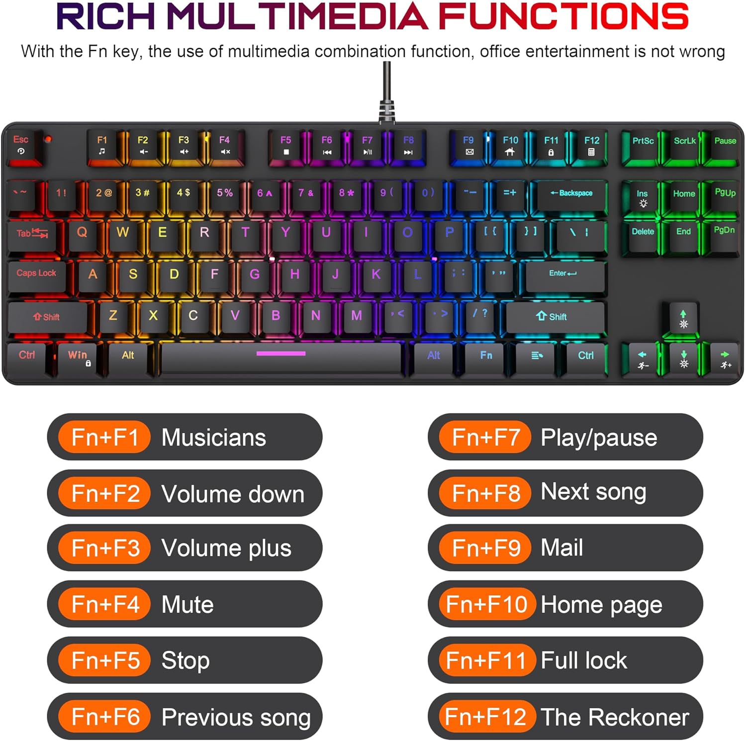 Gaming Mechanical Keyboard, Ergonomic Design, 87 Keys, RGB Backlight, 1.5M Cable,Usb-A Connector Cable, Rich Shortcut Keys image number 4