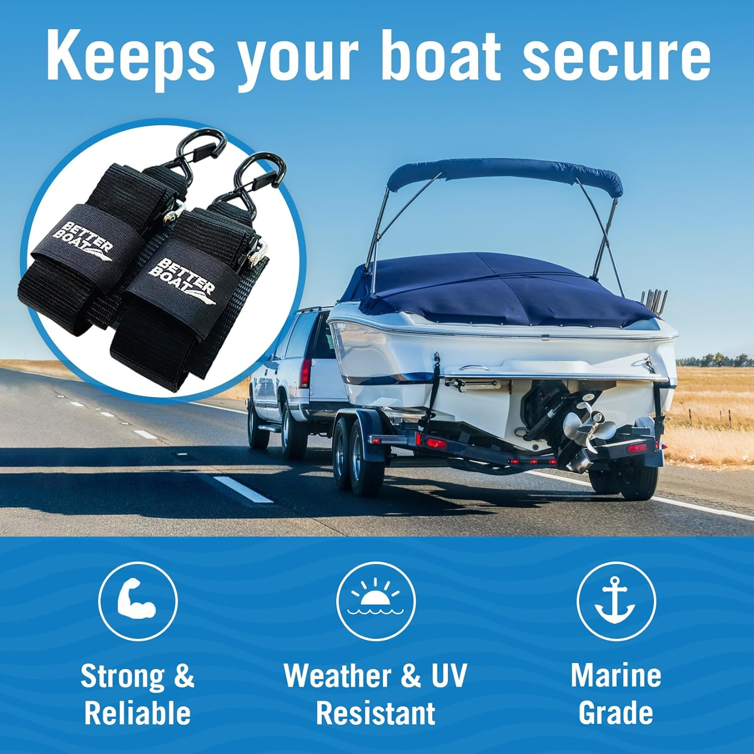 Boat Tie down Straps, 2 Inch X 48 Inch, Heavy Duty Manual Buckle Clasp, Short Transit Tiedown for Trailer, Boat, Jet Ski, and Boating Accessories, 4 Ft with Clip without Ratchet image number 3