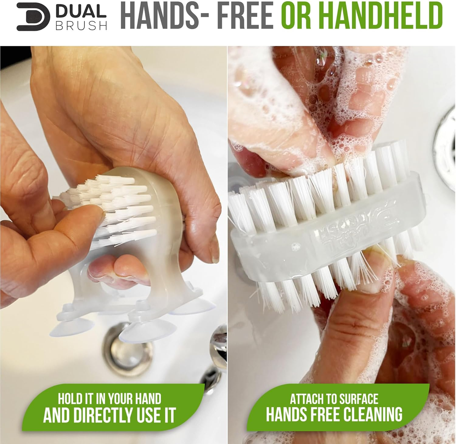 3 X Dual Brush Nail Brush - Hands Free Fingernails Cleaning - Scrub Both Hands at the Same Time - Unique Suction Cup Design - Saves Time, Cleans Nails Easily. Attach to Washbasin, Sink, Bath (3 Pack) image number 2