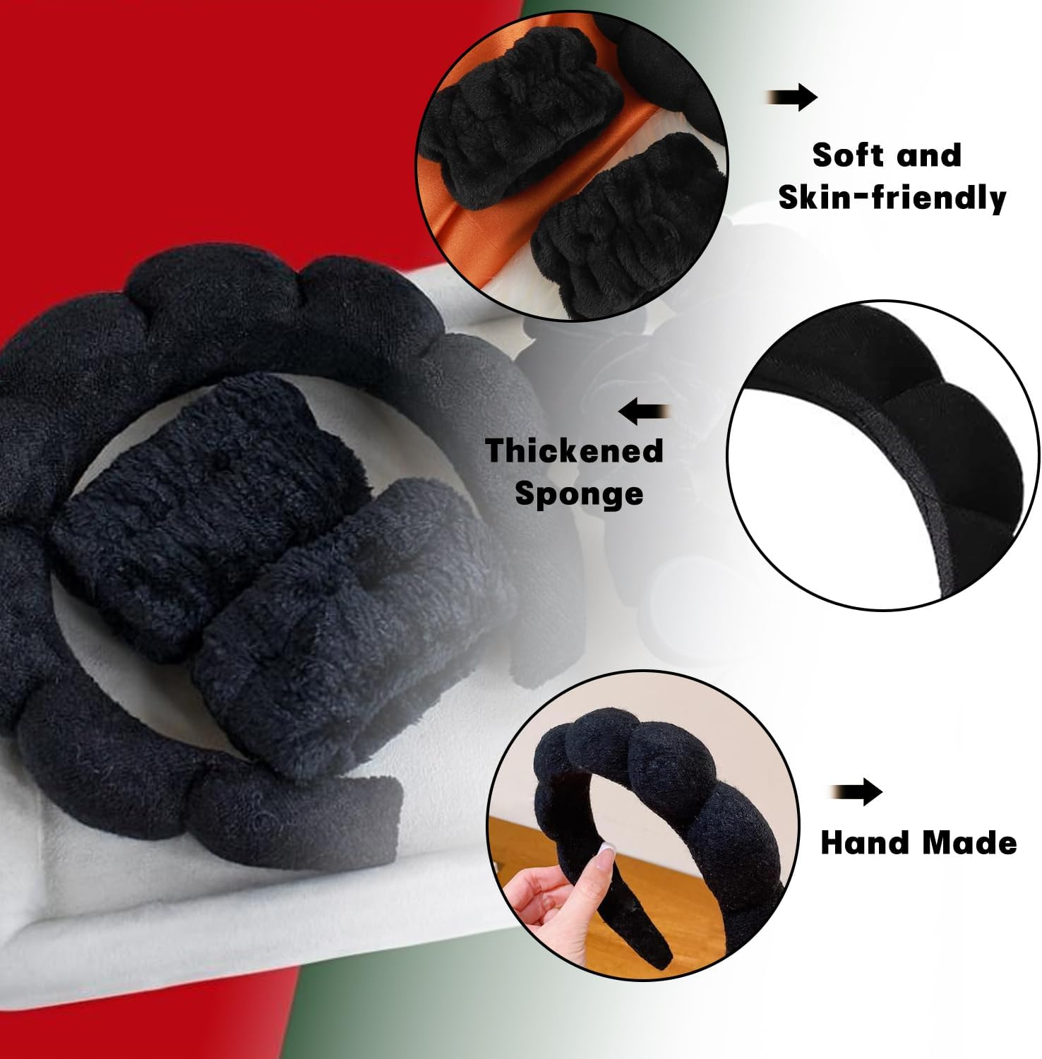 Skin Care Headband Bracelets for Face Wash Set Soft Sponge Makeup Spa Headband Hair Band Face Wash Headband Wash Face Bracelet Non-Slip Headband for Women and Girls (Black) image number 5