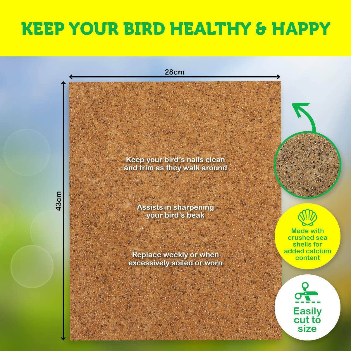 [25PCE] Pet Basic Cage Liner Sheets for Trimm & Shap down Claws Beak Naturally - 25Pce, 43X28Cm, Free from Mess, Enriched with Calcium, No Risk, Perfect for Pet Birds image number 1