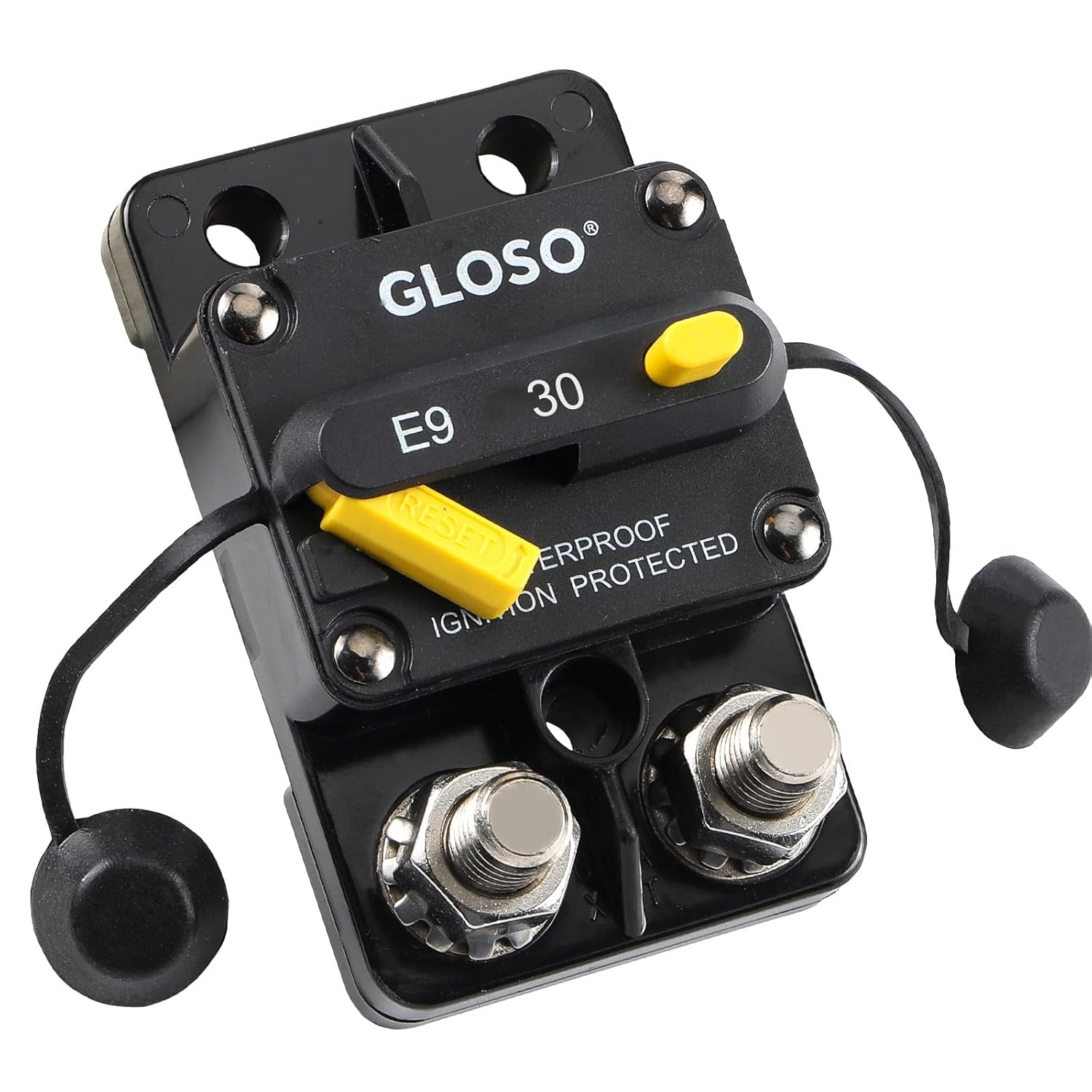 GLOSO E9C Waterproof Circuit Breaker 12V-48V DC 30 Amp Extended Surface Mount 5/16" Diagonal Stud for Marine RV Truck Use IP67 Rated Manual Reset Function(30A) image number 2