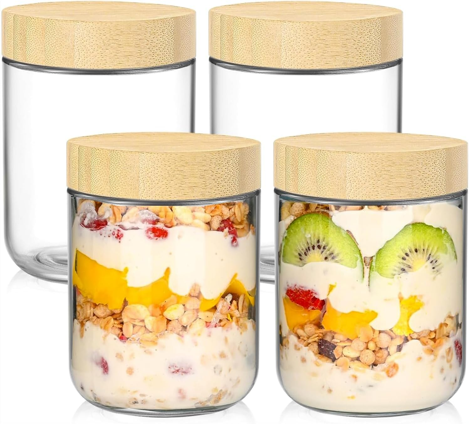 ALINK 4 Pack Overnight Oats Containers with Bamboo Lids,16 Oz Large Capacity Glass Mason Jars with Airtight Lid for Overnight Oats Meal Yogurt Chia Pudding Fruit Cereal Oatmeal Reusable Jars image number 3