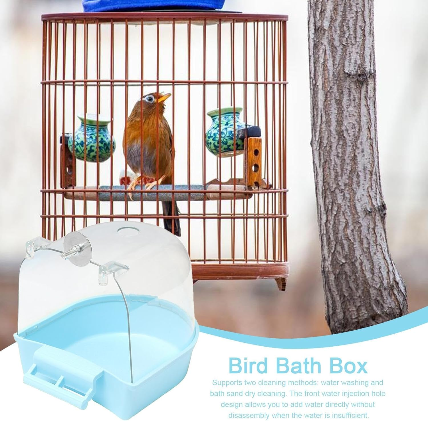 Bird Bath Tub, Bird Bath for Cage, Hanging Bathtub Bird Cage Supplies with Hooks, Water Shower Transparent Box Food Feeder Holder Tray, Birdbath Toy for Pet Parrot Budgie Parakeet