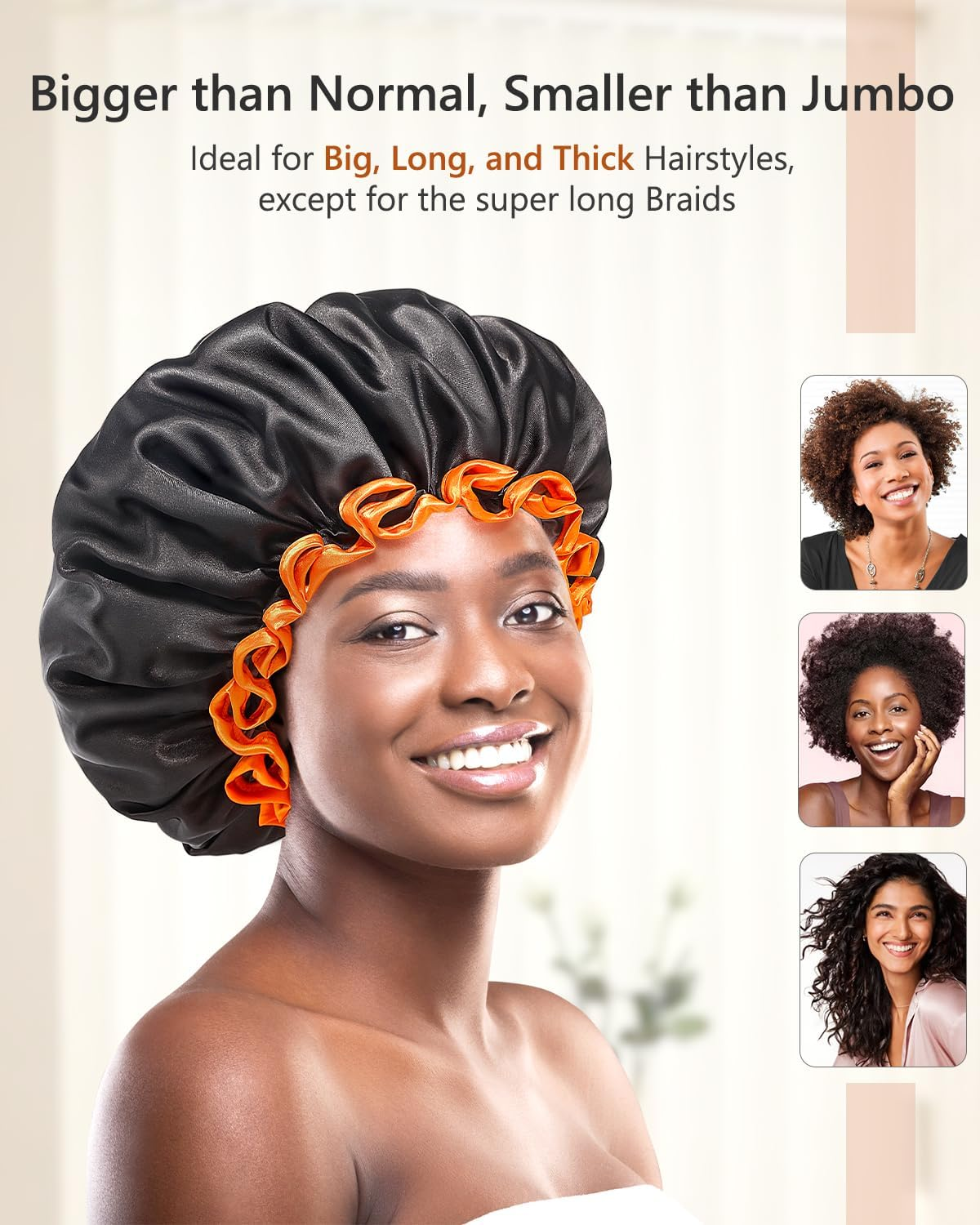 Mikimini Large Shower Cap for Women Long Hair, Black, Reusable Waterproof Double Layers XL Washable Colorfast Odorless High-Quality Shower Cap for Men with Vibrant Orange Edge image number 2