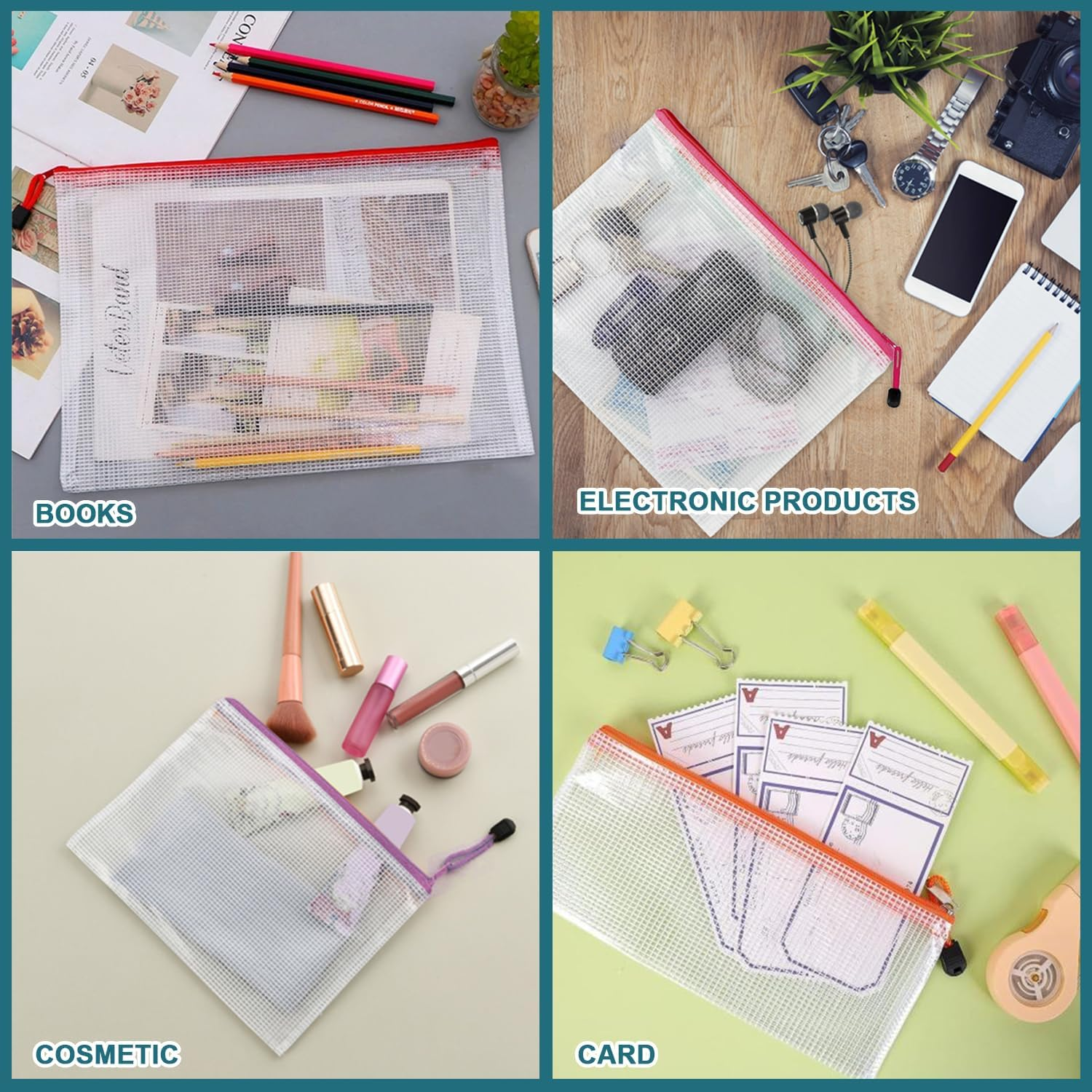 32Pcs Mesh Zipper Pouch, Mesh Zipper Pouch Document Bag, B4|A4|B5|A5|B6|A6|B8|Bill Site, Waterproof Zipper Bags, Plastic Document Pouch for Office, Home and Business Travel, 8 Sizes 8 Colors image number 5