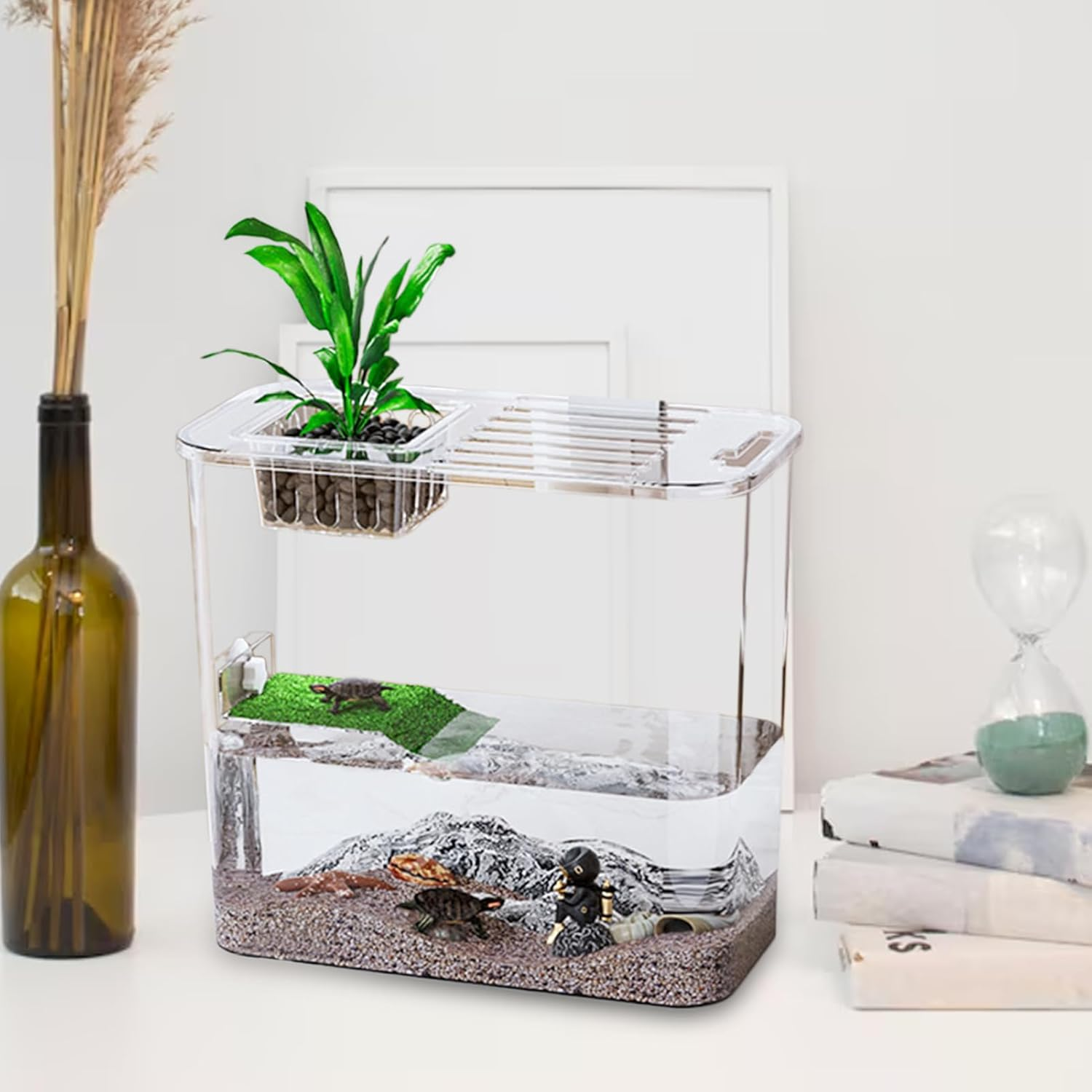 Turtle Aquarium, Creative Turtle Fish Terrarium, 12.2X11.02X6.1 Inches Clear Water Land Habitat Tank, Multi- Reptile Tank with Basking, Raising Cave for Aquatic Pets image number 1