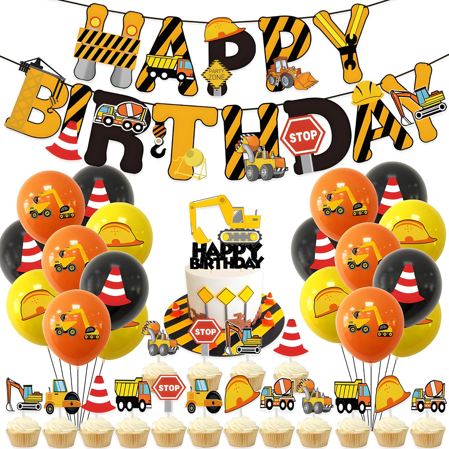 Birthday Party Decorations for Kids Construction Birthday Party Supplies Truck Car Themed Happy Birthday Banner Balloon Cake Topper for Toddler Boy Birthday Decorations Excavator Birthday Decoration image number 1
