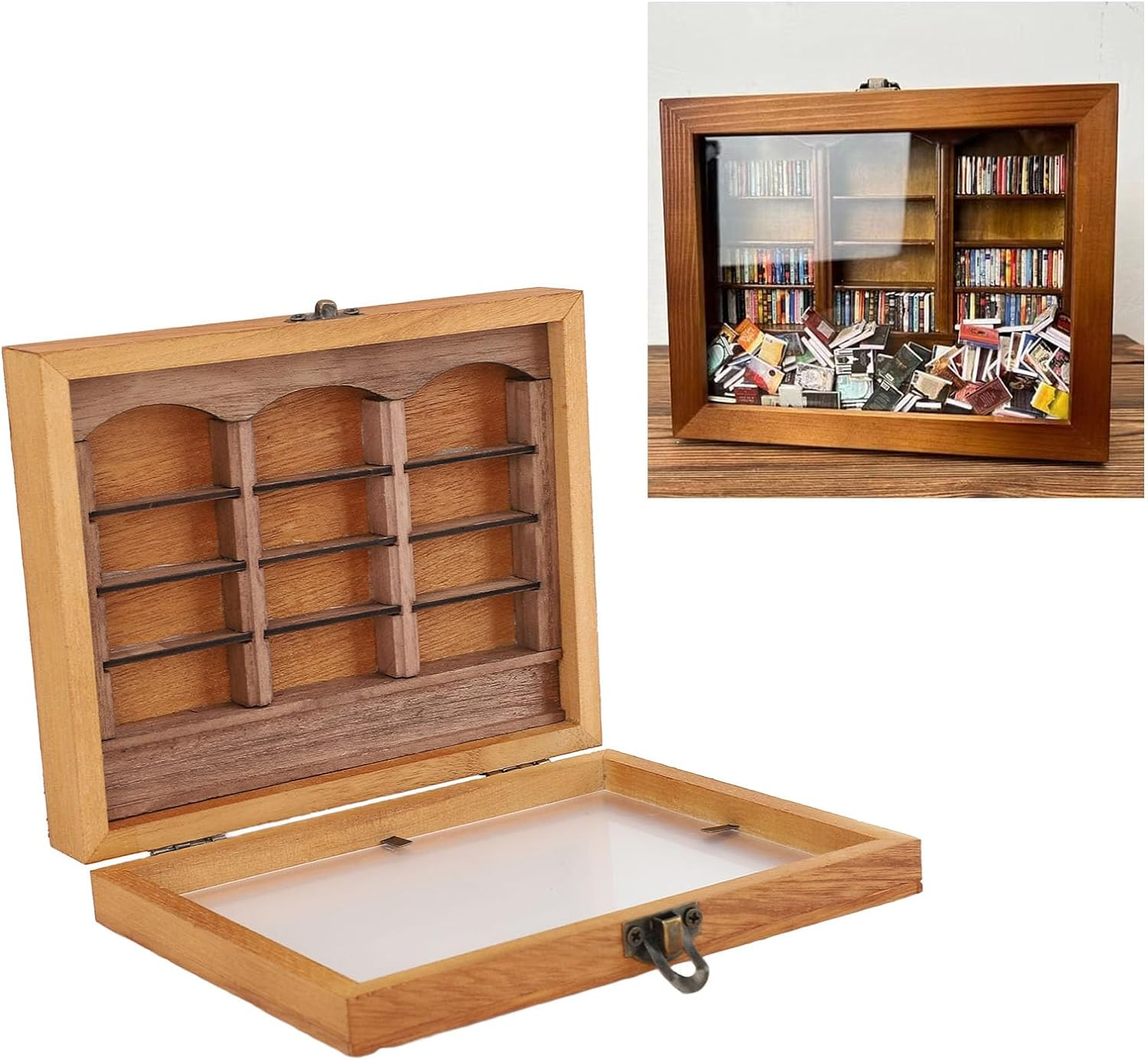 Jiawu Anxiety Bookshelf, Mini Wooden Book Box Display Case with 196 Books, Miniature Book Library Cabinet, Shake Away Your Anxiety, Desk Decor for Home, Living Room, Office image number 1