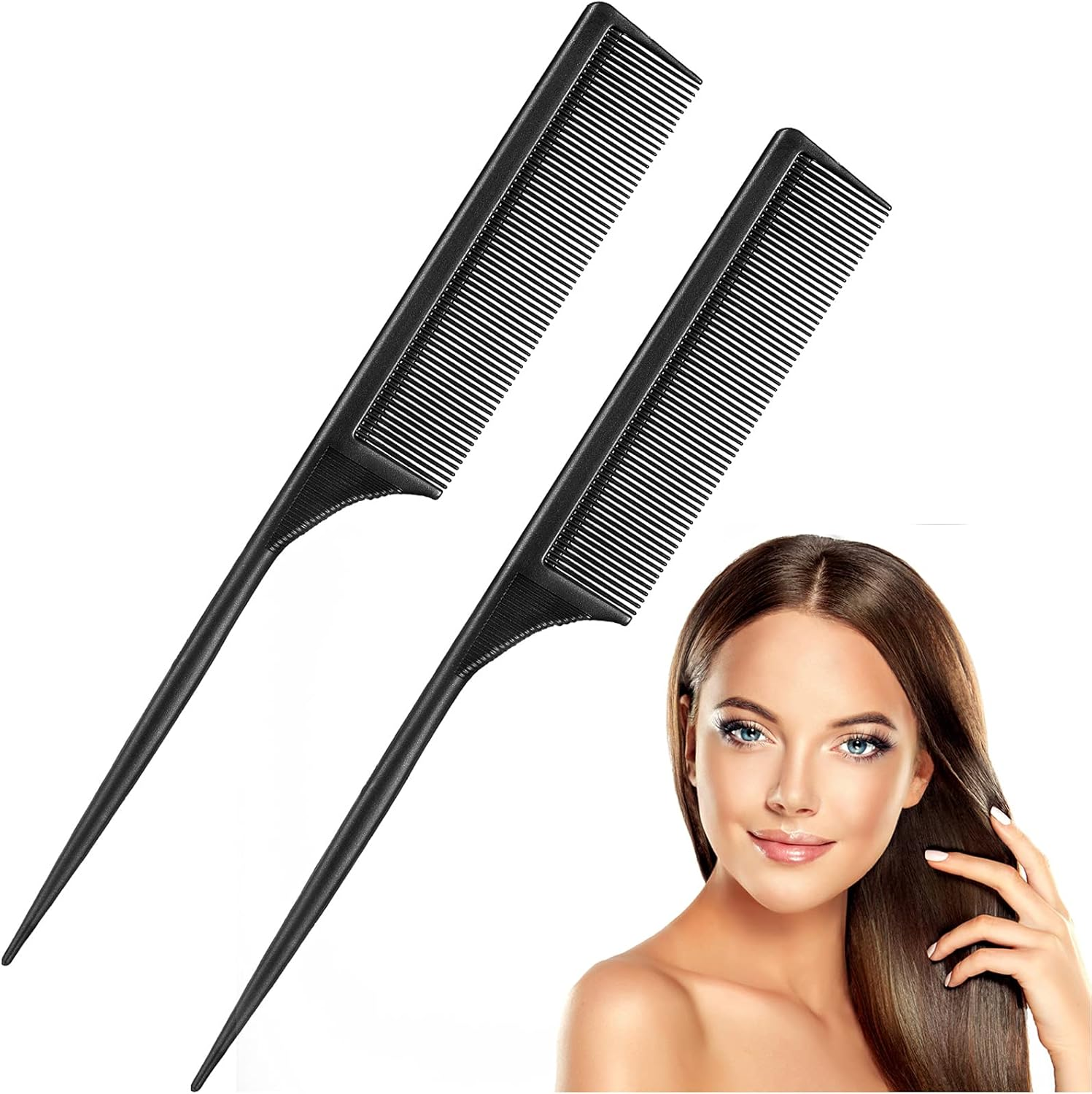 2 Pack Black Carbon Lift Teasing Combs with Metal Prong,Black Carbon Comb with Stainless Steel Lift for Hair Salon or Home Supplies (Style C) image number 1