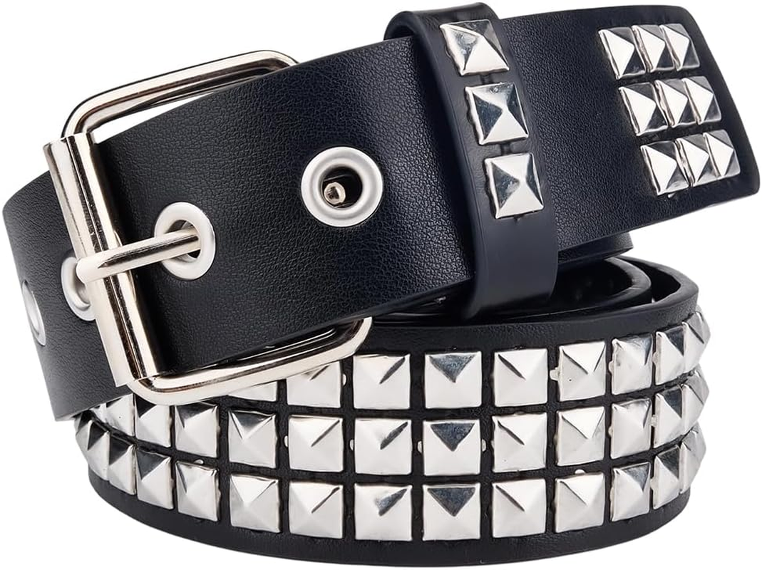 GORGECRAFT Black PU Leather Studded Rivet Belt 44.4 X 2 Inch Gothic Punk Rock Bright Metal Alloy Pyramid Studs Grommet Threads Belts, Black