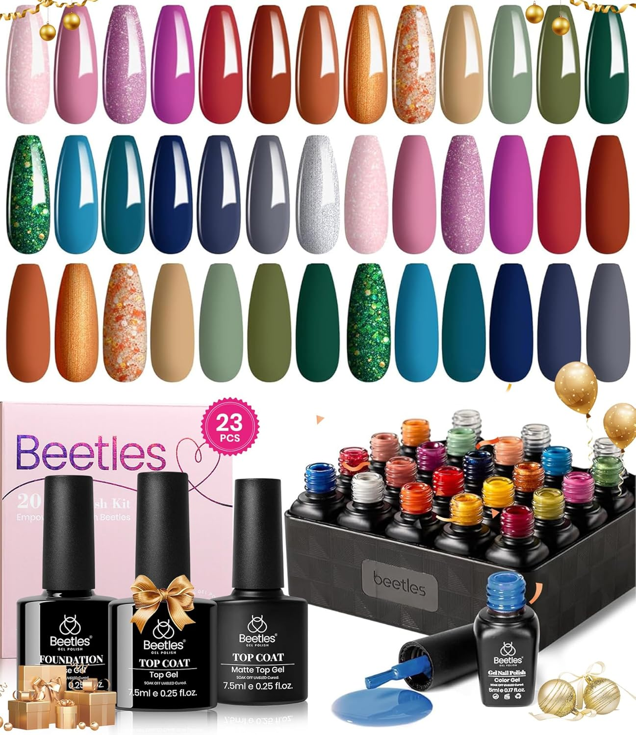 Beetles Gel Polish Gel Nail Polish Set 23Pcs Stylish Retro Gel Nail Polish Kit Green Blue Red Glitter Gel Nail Polish Glossy & Matte Gel Top Coat Base Coat Soak off Uv Nail Lamp image number 3