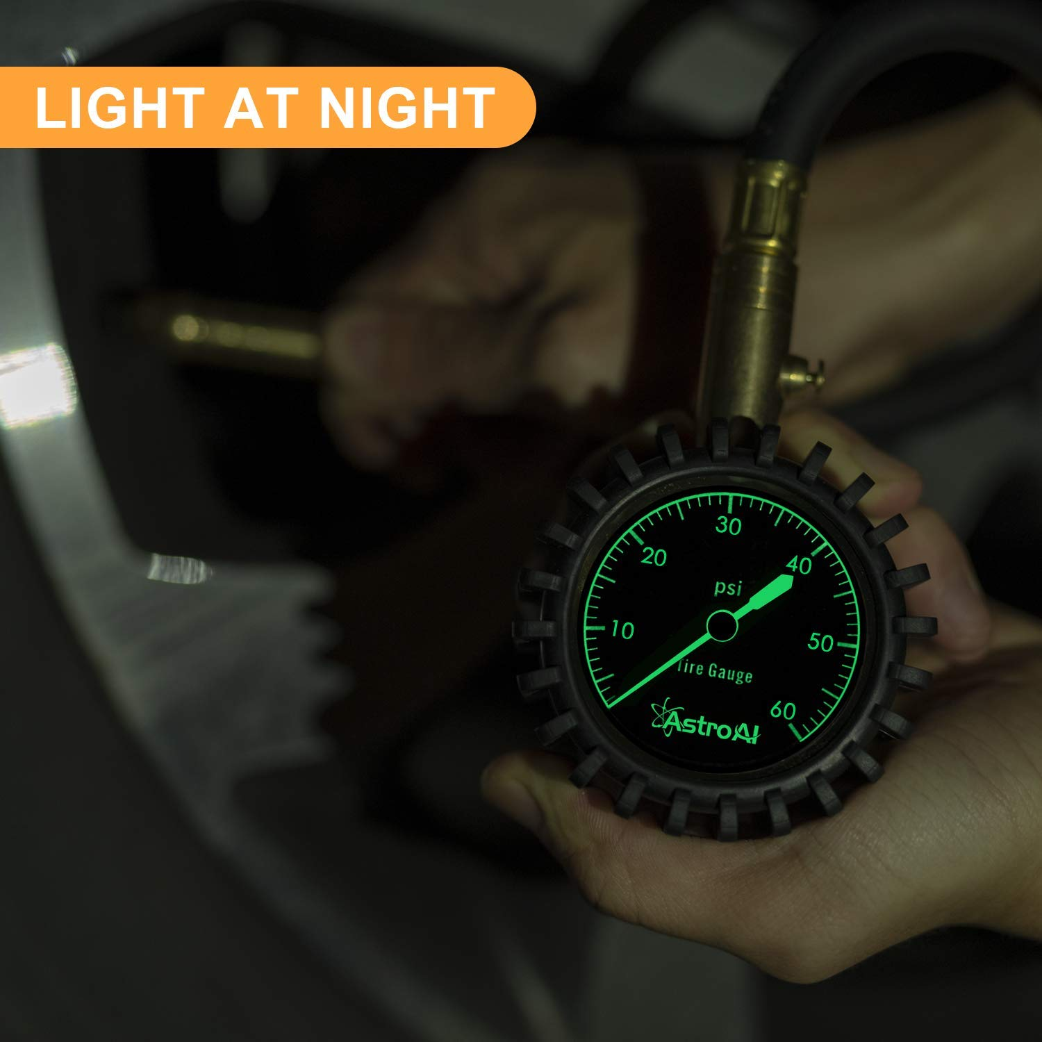 Astroai Tire Pressure Gauge, 60 PSI Heavy Duty, Certified ANSI B40.1 Accurate with Large 2" Easy to Read Glow Dial, Durable Rubber Hose and Solid Brass Construction for Car Truck Motorcycle Tire