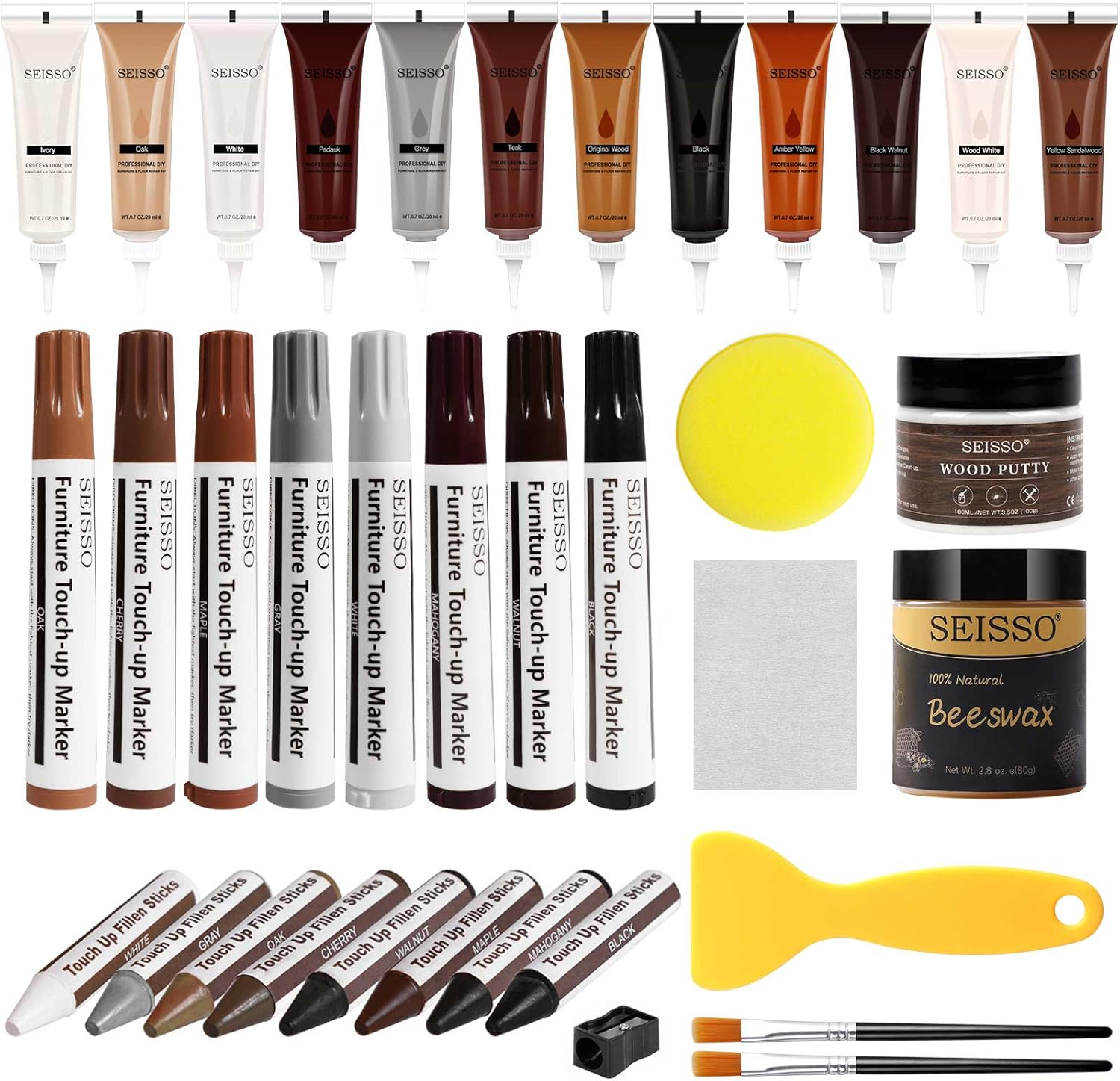 SEISSO Wood Furniture Repair Kit, 12 Colors Wood Fillers, Wood Putty with Beeswax, Furniture Touch up Markers with Wood Crayons, Hardwood Floor Repair Kit for Stains, Scratch, Cracks, Hole image number 3