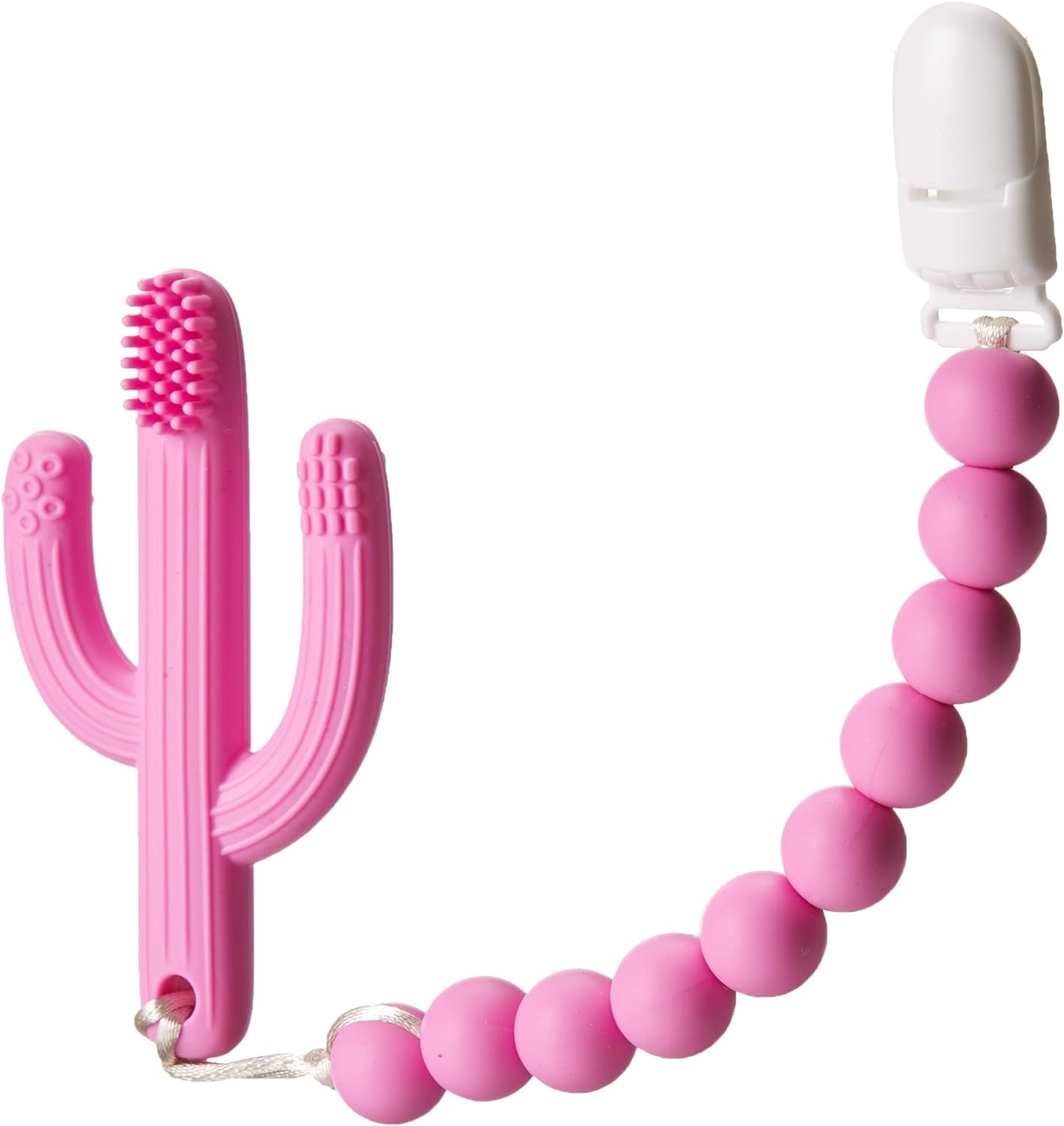 Pickle & Olive Baby Cactus Teether Toy- Infant Training Toothbrush, with Soother/Binky/Pacifier/Dummy Chain Holder/Strap (Pink)