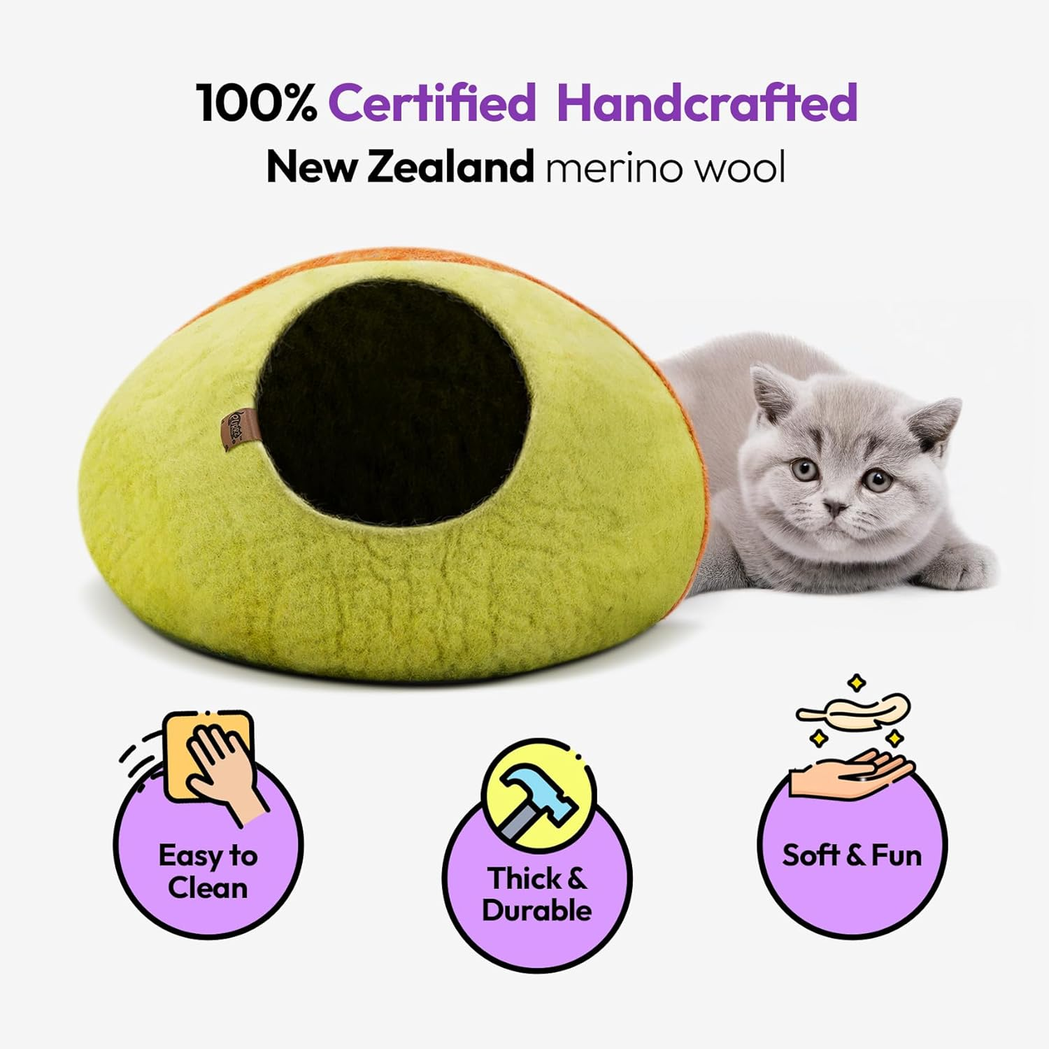 Luxury Cat Cave | Natural Wool Felt Handmade Cat House, Cat Beds, Cat Condo, Cat Furniture, Cat Beds for Indoor Cats, Cat Houses for Indoor Cats, Cat Hideaway (Medium, Gumtree) image number 3