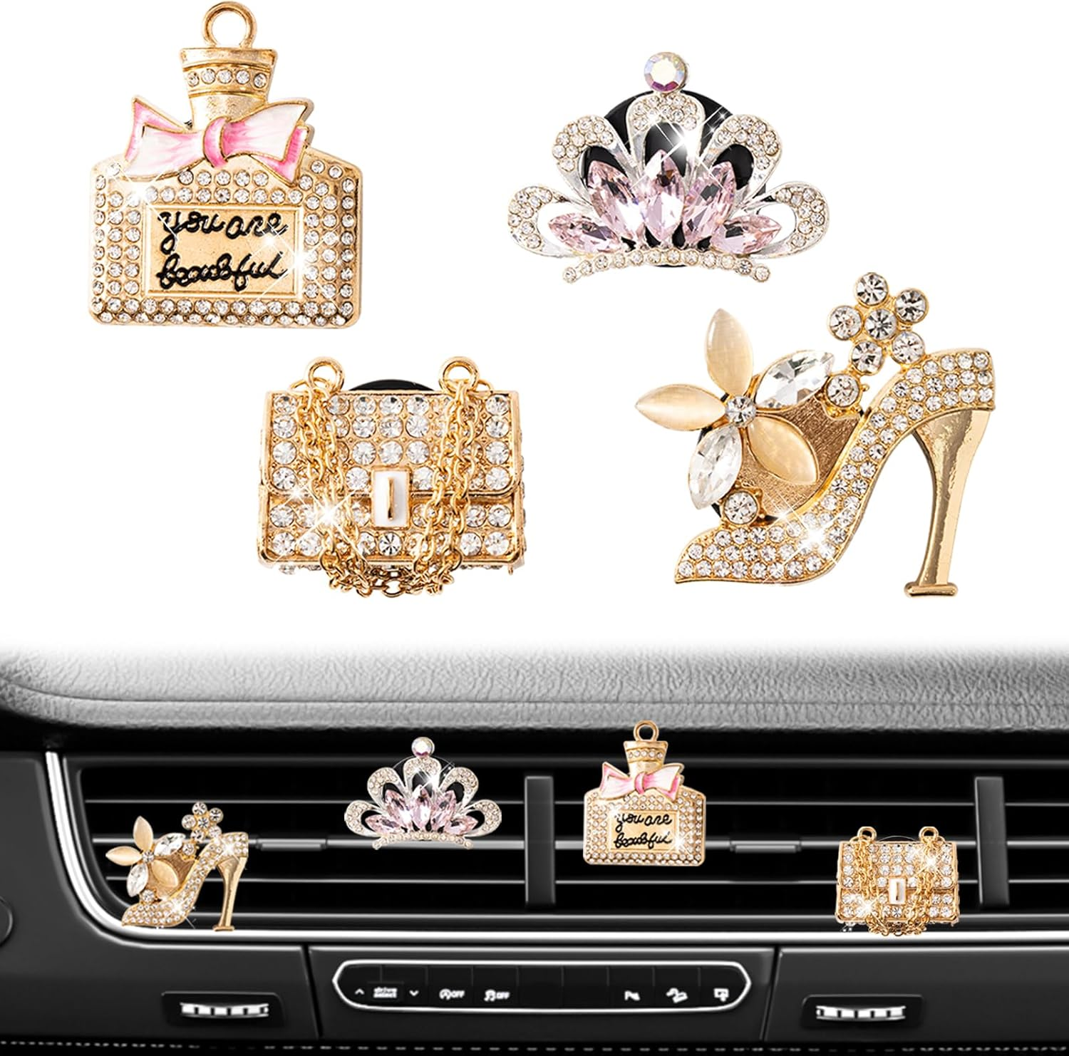 Rislobx 4PCS Bling Car Air Freshener Vent Clip, Crystal Diamond High Heel Shoe Bag Crown Perfume Bottle Car Diffuser Vent Clip Cute Car Bling Accessories Decoration for Women (Silver)