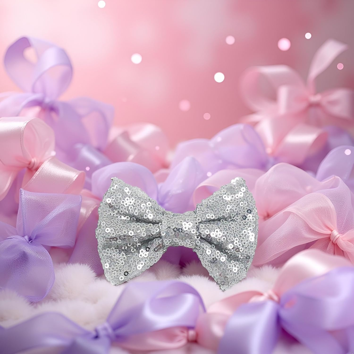 1Pc Silver 4 Inches Girls Sequin Glitter Sparkle Hair Bow Clip Accessories, Clips Barrettes, Hair Clips, Hair Styling Accessories image number 1