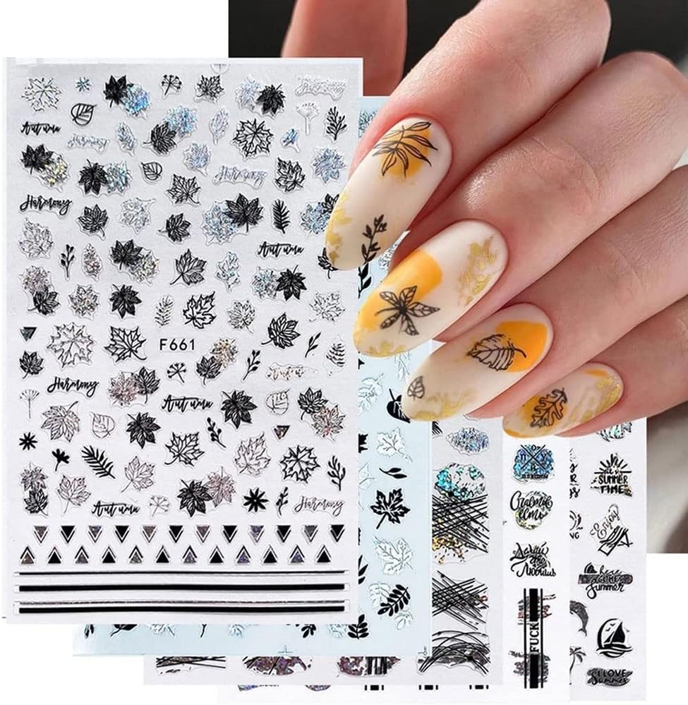 Fall Nail Art Stickers Decals Leaf 8Pcs 3D Self-Adhesive Holographic Gold Black Silver Leaf Manicuring Foils Geometric Slider Nail Art Adhesive Decor (Silver) image number 1