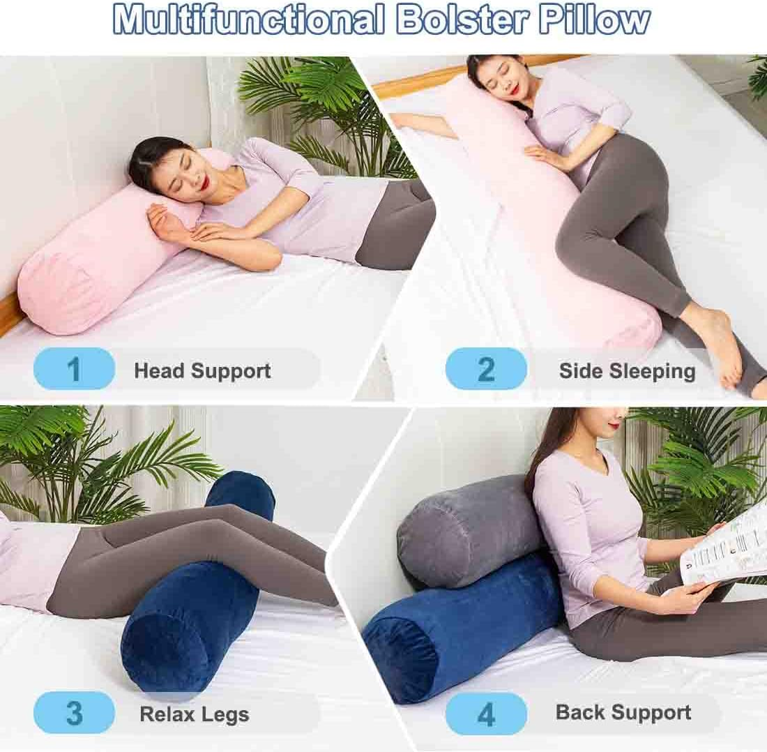 Body Pillow for Adults, Bolster Pillow with Removable Velour Cover, Long round Roll Cylinder Pillow for Bed, 47" X 7.87", Pink image number 3