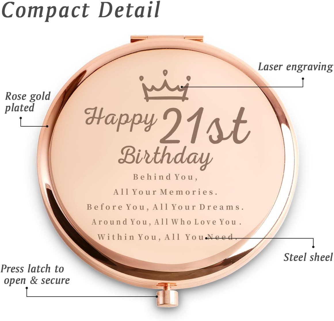 21St Birthday Gifts for Women, Best Female Presents for 21 Year Old, Personalized Engraved Compact Mirror Gift Ideas for Her Daughter Niece Granddaughter Sister Girlfriend Friend image number 1