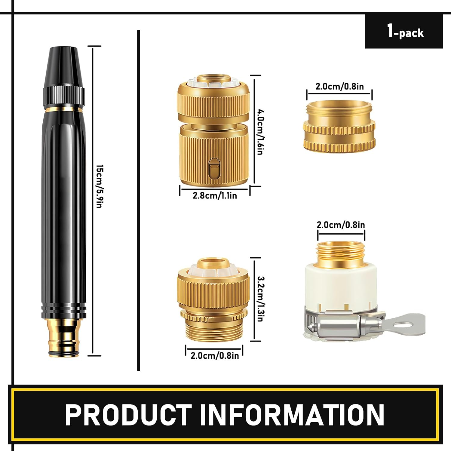 Garden Hose Nozzle with 3 Adjustable Patterns & 4 Connectors, Metal High Pressure Hose Nozzle Heavy Duty, Outdoor Water Hose Sprayer Nozzle Tools for Car Plant Dog Wash image number 5