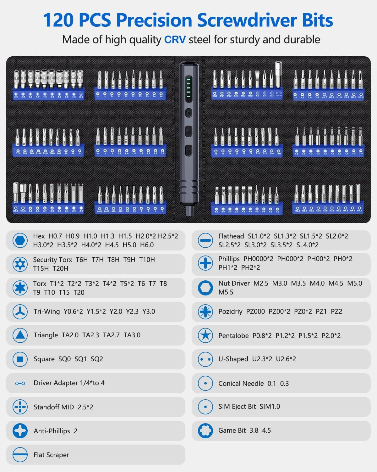 Unamela Mini Electric Screwdriver Set: 140 in 1 Small Electric Screwdriver Cordless - 120 Precision Bits, 5 Torque Settings, LED Light, Magnetic Power Screwdriver Repair Tool Kit for PC RC Electronics image number 2