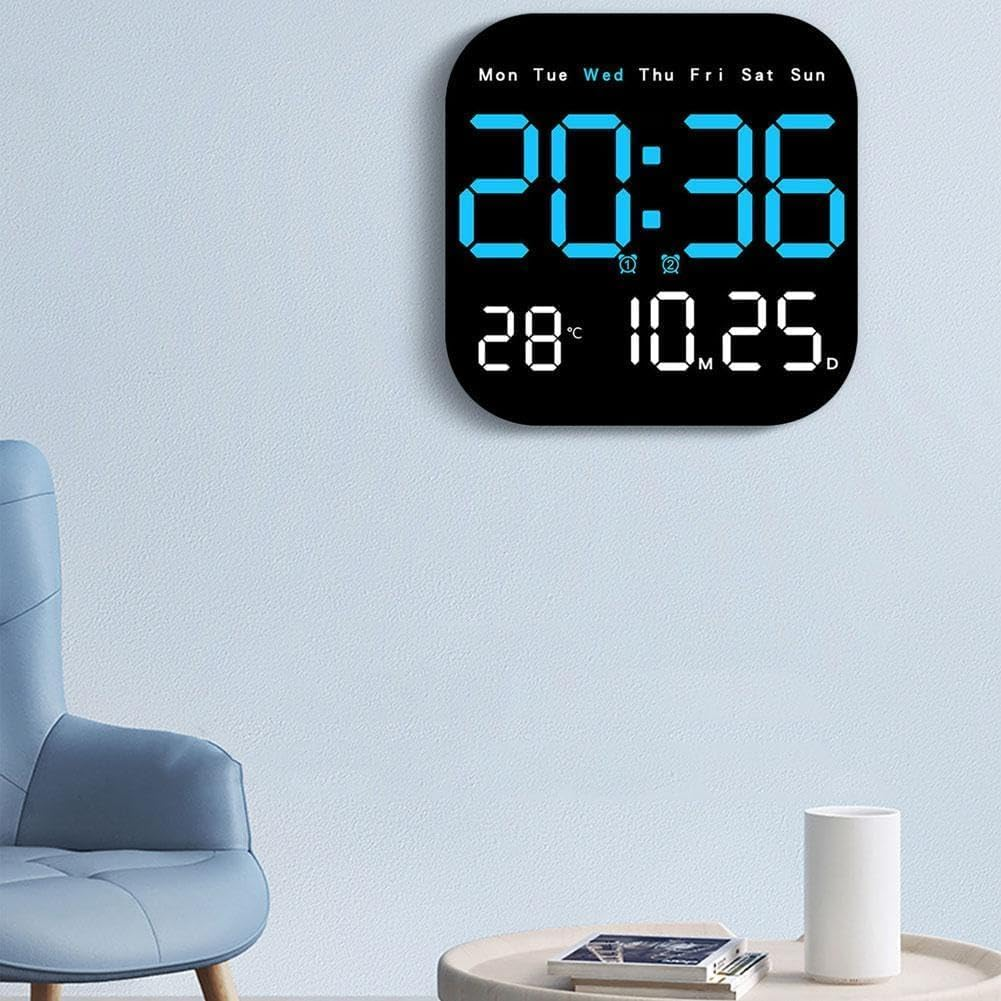 Digital Wall Clock, 9'' LED Digital Clock with Remote Control for Living Room Decoration, Week/Date/Temperature, Auto Brightness, Standing and Hanging for Living Room, Bedroom, Office Decor
