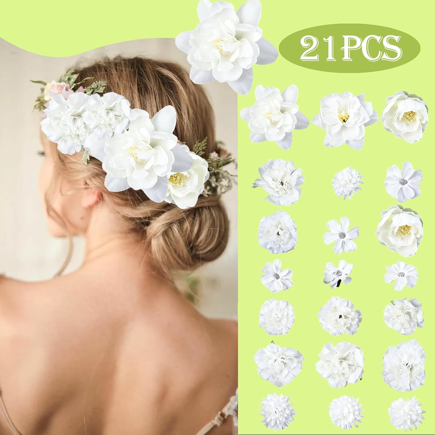 Flower Hair Clip, Pack of 21 White Flower Hair Clips, Artificial Flower Hair Clips, Flower Hair Accessories for Party, Beach, Wedding, Event Decoration image number 1