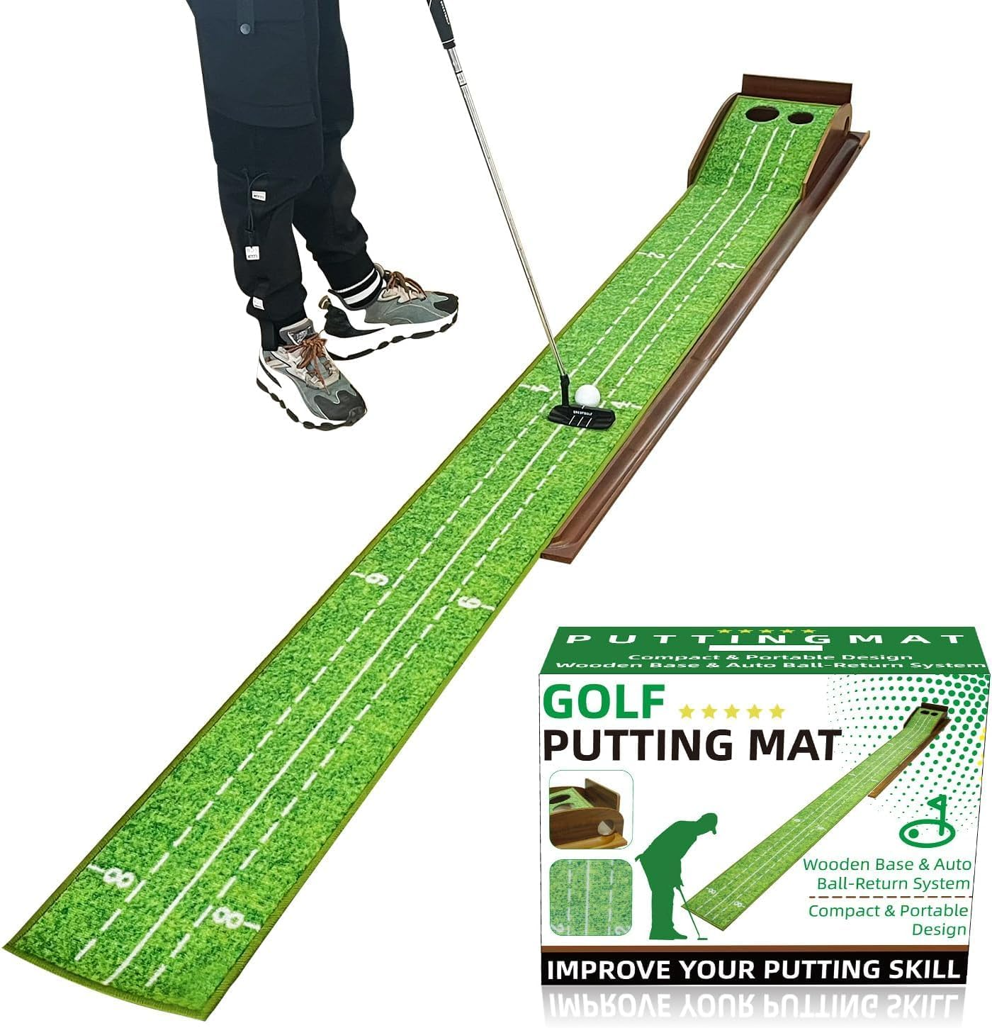 Putting Green Indoor,Wrinkle-Free Golf Mat with Auto Ball Return - Durable Solid Wood Base, Luxurious Velvet Surface - Ideal for Home or Office image number 1