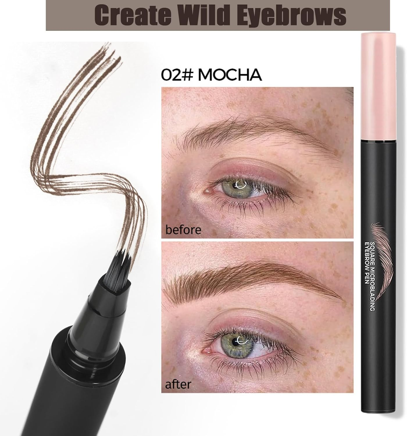 Microblading Liquid Eyebrow Pen - Micro Line, Tint, Filling the Eyebrow, Waterproof and Smudge-Proof Eyebrow Brush Pen for Natural Hair-Like Strokes, Long-Lasting, Mocha