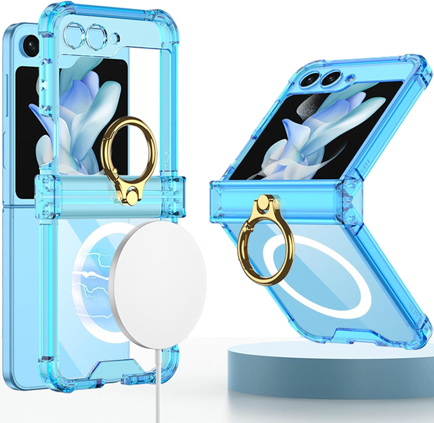RUNGOS Magnetic Clear for Samsung Z Flip 7 Case Magsafe with Ring Stand [Hinge Protection] [360&deg; Rotatable Ring Holder] [Mil-Grade 4-Corner Airbag Reinforcement] Cover for Samsung Galaxy Z Flip 7 Case