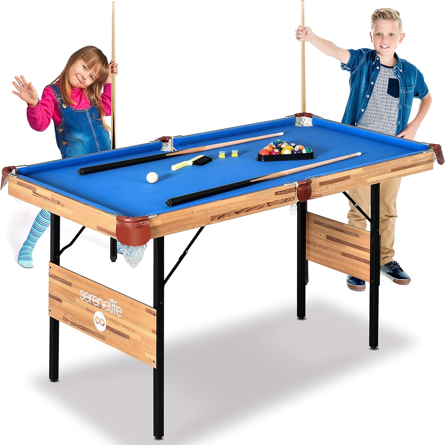 Serenelifehome 4.5Ft Folding Pool Table, 54In Portable Foldable Billiards Game Table for Kids and Adults with Accessories, Indoor and Outdoor Game with Sticks, Cue, Balls and Triangle, Blue (SLPTB56) image number 4