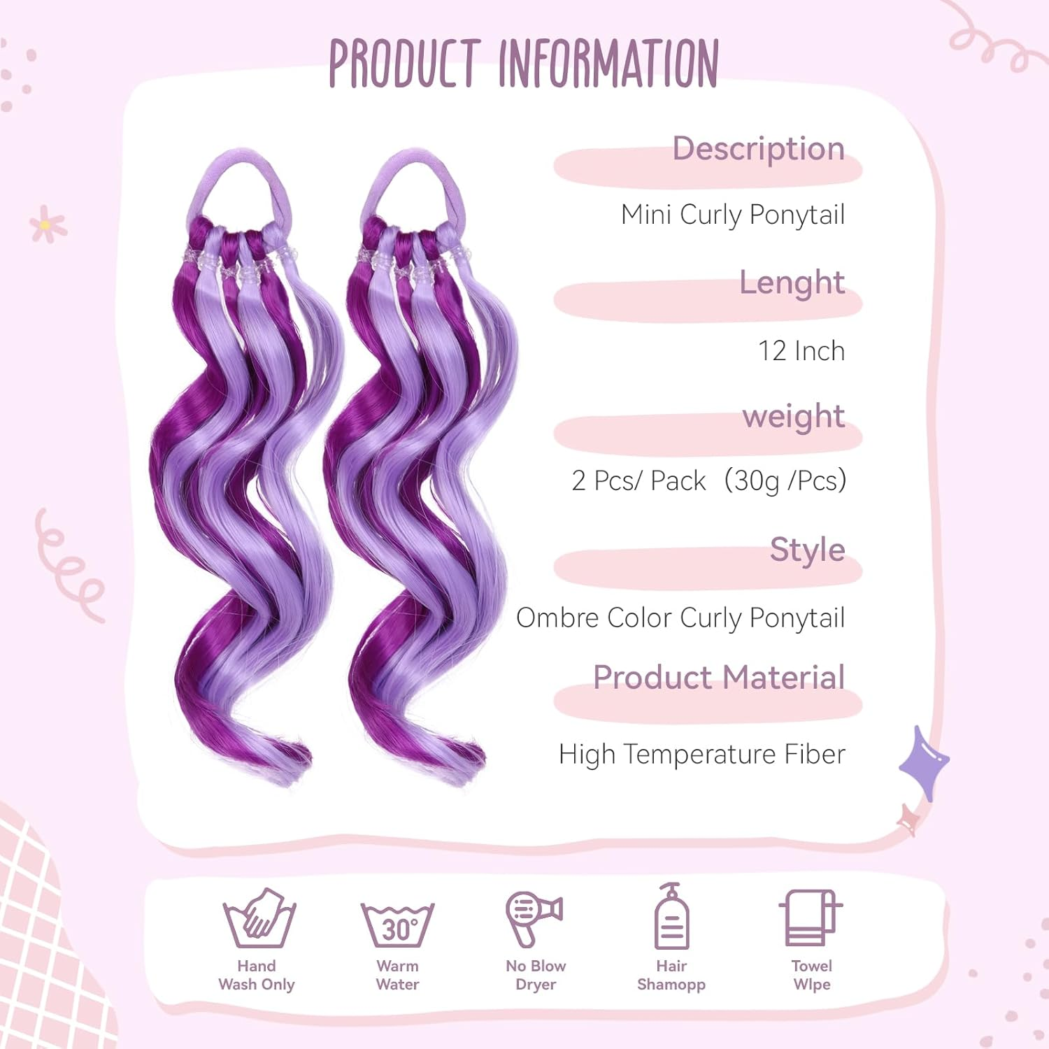 Mini Colorful Rubber Band Ponytail &ndash; Colored Braids Hair Extensions with Rubber Band Playful & Stylish Hair Accessory (Purple) - Blue image number 6