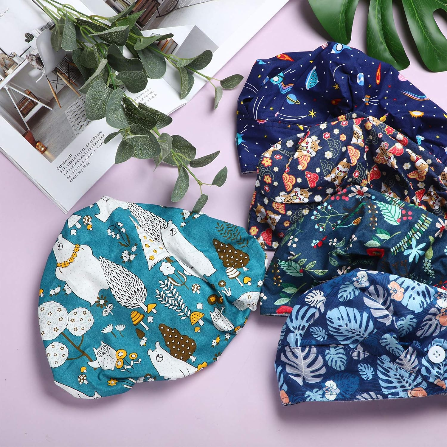 Geyoga 5 Pieces Adjustable Bouffant Caps with Buttons Printed Tie Back Hats with Sweatband Hat for Women Men, 5 Styles, Multicolor, 1 image number 4