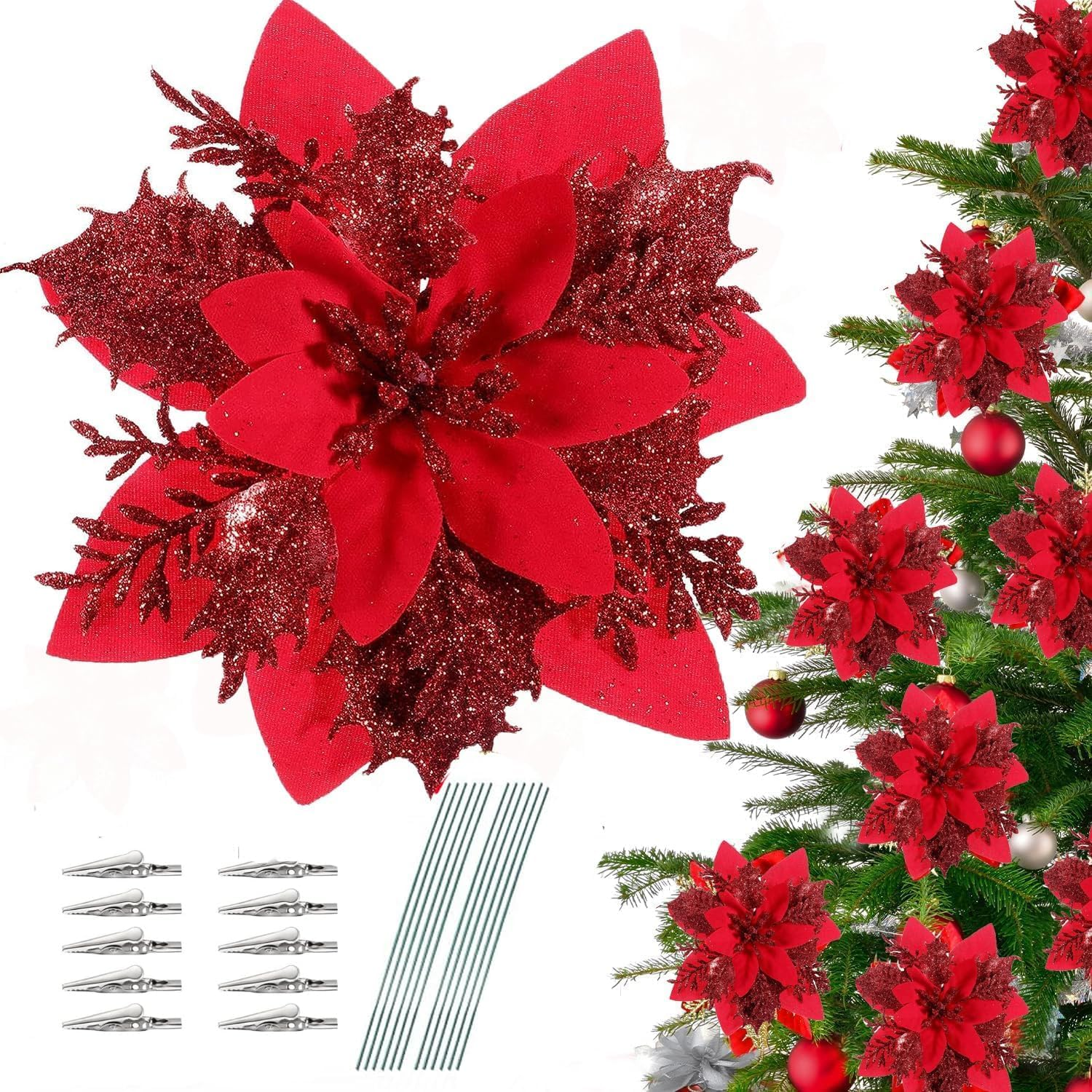 Christmas Tree Decorations,10Pcs 14Cm / 5.5In Gold Poinsettia Artificial Christmas Flowers with Clips and Stems Glitter Christmas Tree Ornaments for Xmas Wedding Party Wreath Decorate
