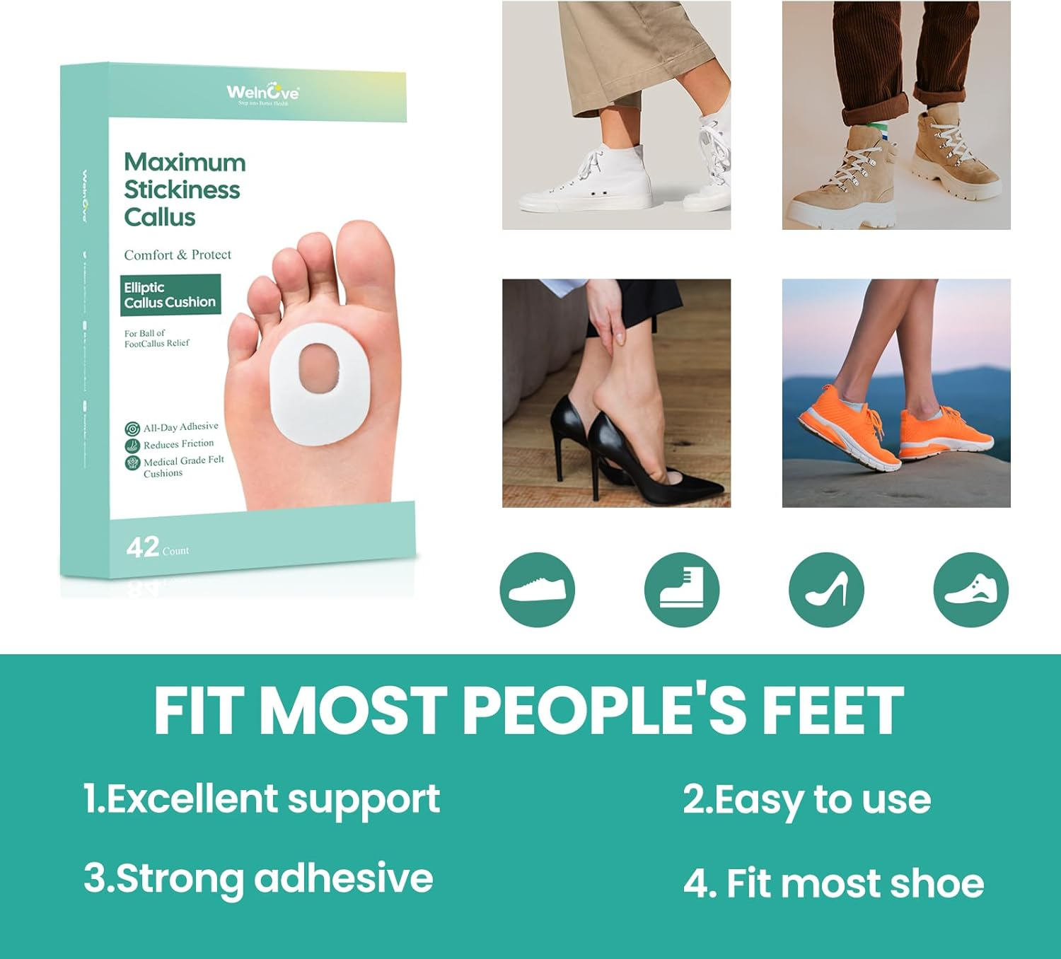 Welnove 42Pcs Callus Pad, Adhesive Corn Protectors,Relief Pain from Calluses, Corns, Blisters, Heel Frictions, Self Stick Cushions - White image number 2