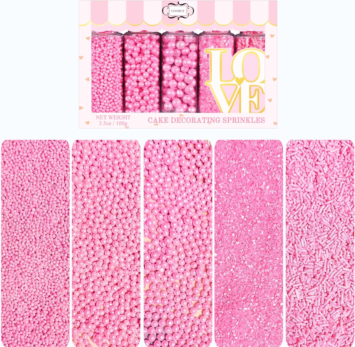 Confect Sprinkles for Cakes & Cupcakes Decoration | Assorted Pack of 5 Girly Dream Baby Shower Pearl Sprinkles | Baby Pink Sprinkles | Edible Mix Dragees, Jimmies & Sparkling Sugar - 3.5 Oz image number 3