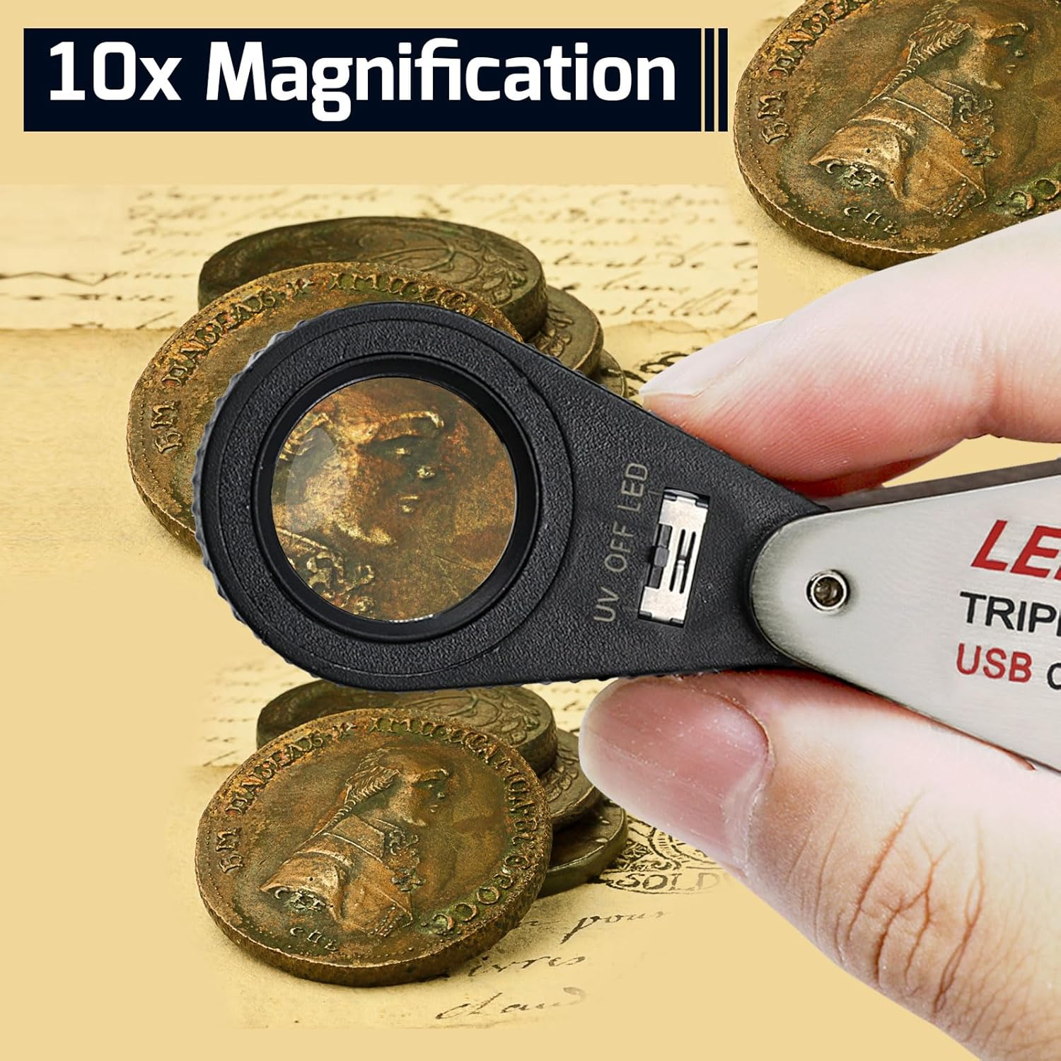 Illuminated Jewelers Loupe Magnifier 10X, Rechargeable Jewellery Magnifying Glass Foldable Jewelry Magnifier LED Loupe Triplet with 6 Leds & UV Light for Gems, Jewelry, Coins, Stamps, Etc image number 1