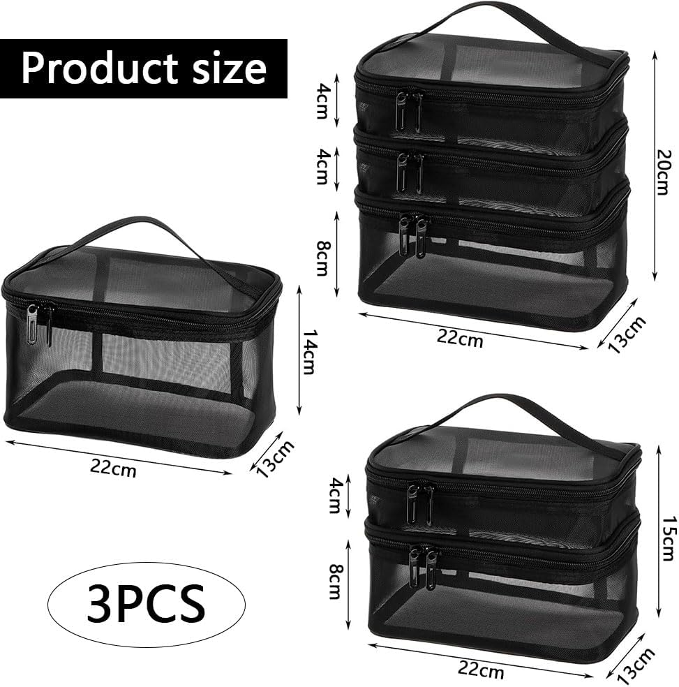 RUTREZOGO 3 Pack Mesh Makeup Bags, Zippered Cosmetic Organizer Pouches Set (Small, Medium, Large), Black Travel Toiletry Makeup Purses for Daily Use, Accessories & Stationery Storage