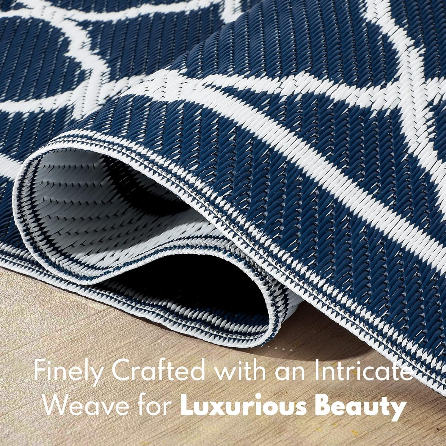 Waterproof Outdoor Rug 5X8 Ft, Reversible Plastic Straw Rug, Easy to Clean Patio Rug, Portable Carpet for Patio, RV, Deck, Balcony, Backyard, Picnic, Beach, Clover, Navy Blue image number 6