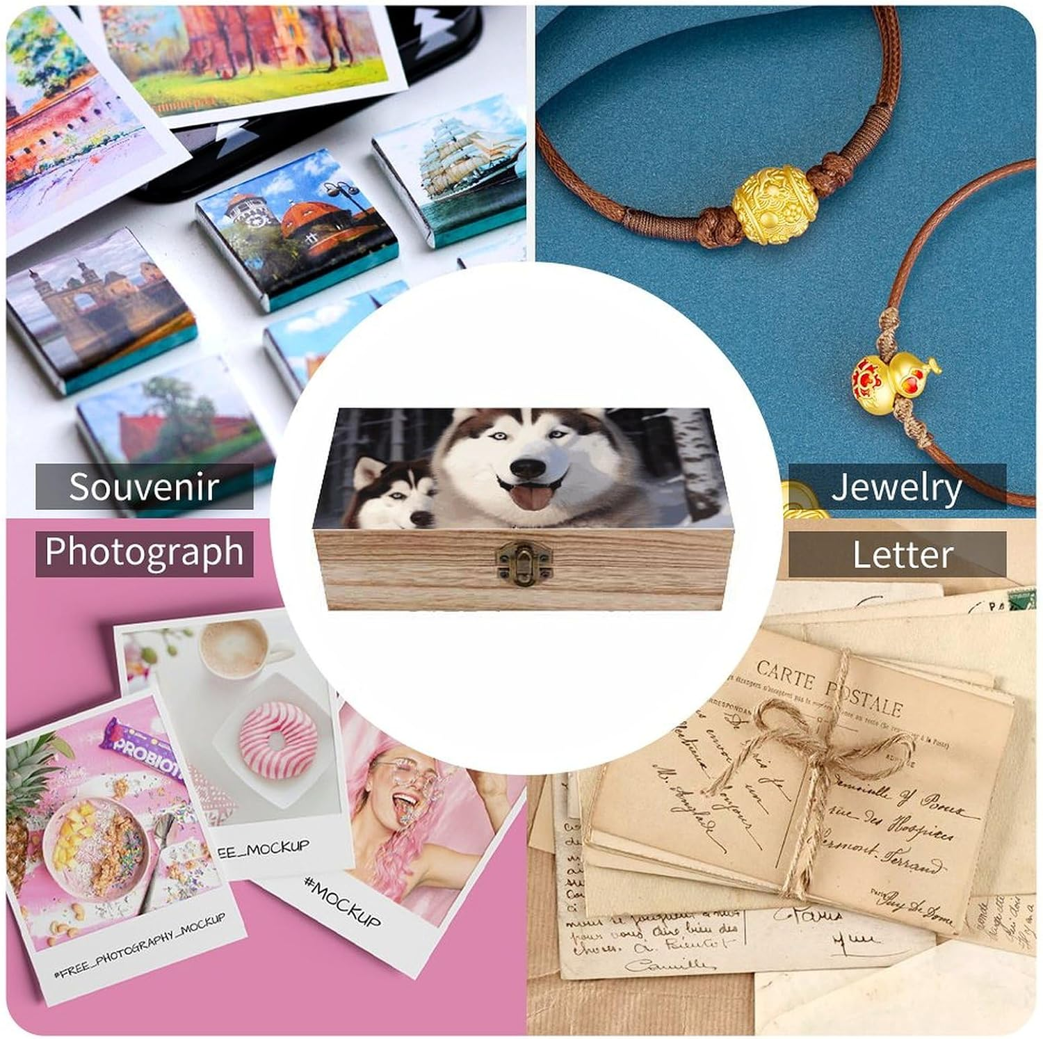 Huskies Wooden Box Wood Wedding Keepsake Boxes with Lids Small Decorative Boxes Lightweight Wooden Memory Storage Box for Crafts Keepsakes Jewelry Photo Letter Storage image number 3