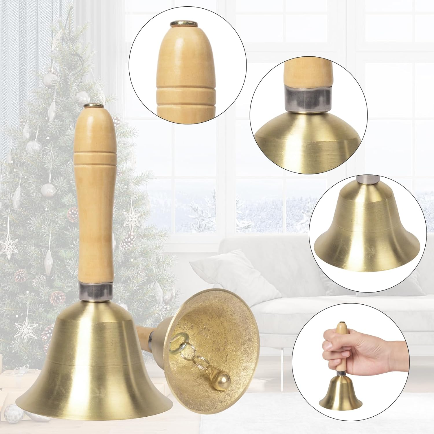 Hand Bell,5.9 Inch Hand Call Bell with Solid Brass Bell Wooden Handle Extra Loud Handbell Dinner Bell for Multi-Purpose for Weddings, Christmas, School, Service, Game, Animal image number 2